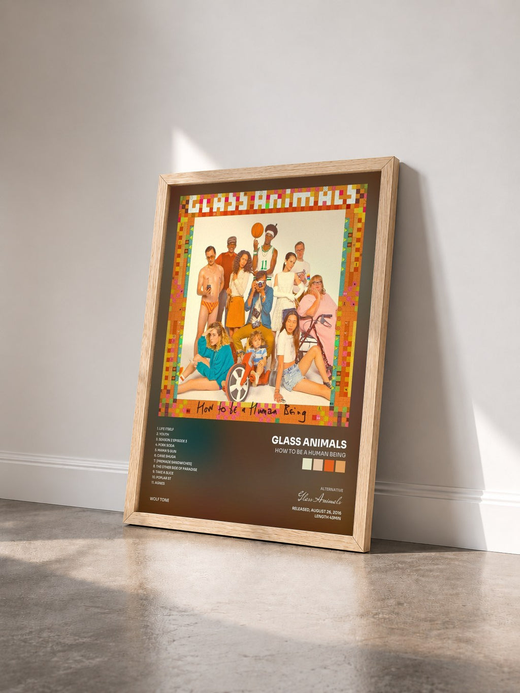 #bois Tableau de l'album How To Be A Human Being de Glass Animals vu de trois quarts, cadre en bois brut