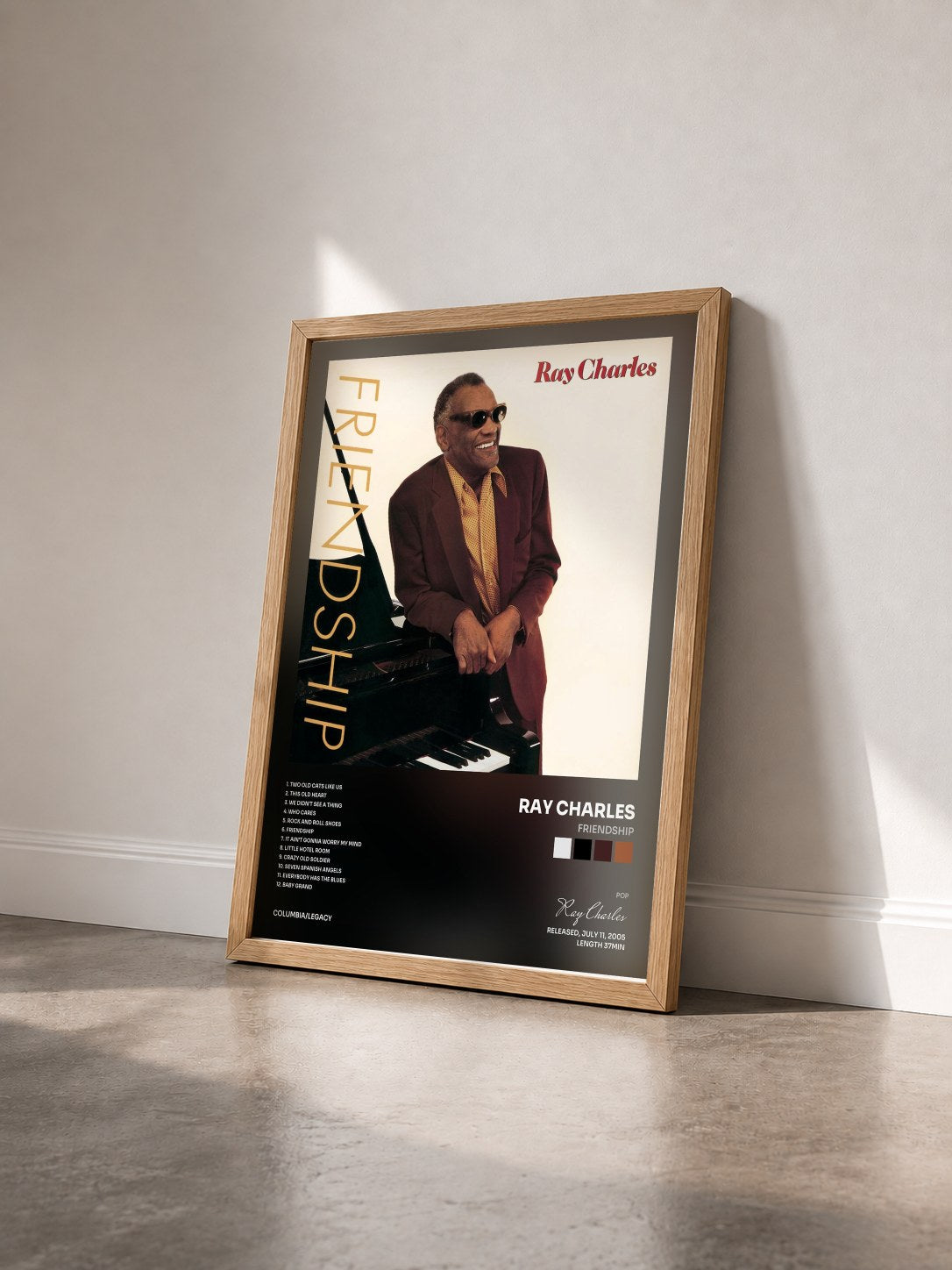 #bois Tableau de l'album Friendship de Ray Charles vu de trois quarts, cadre en bois brut