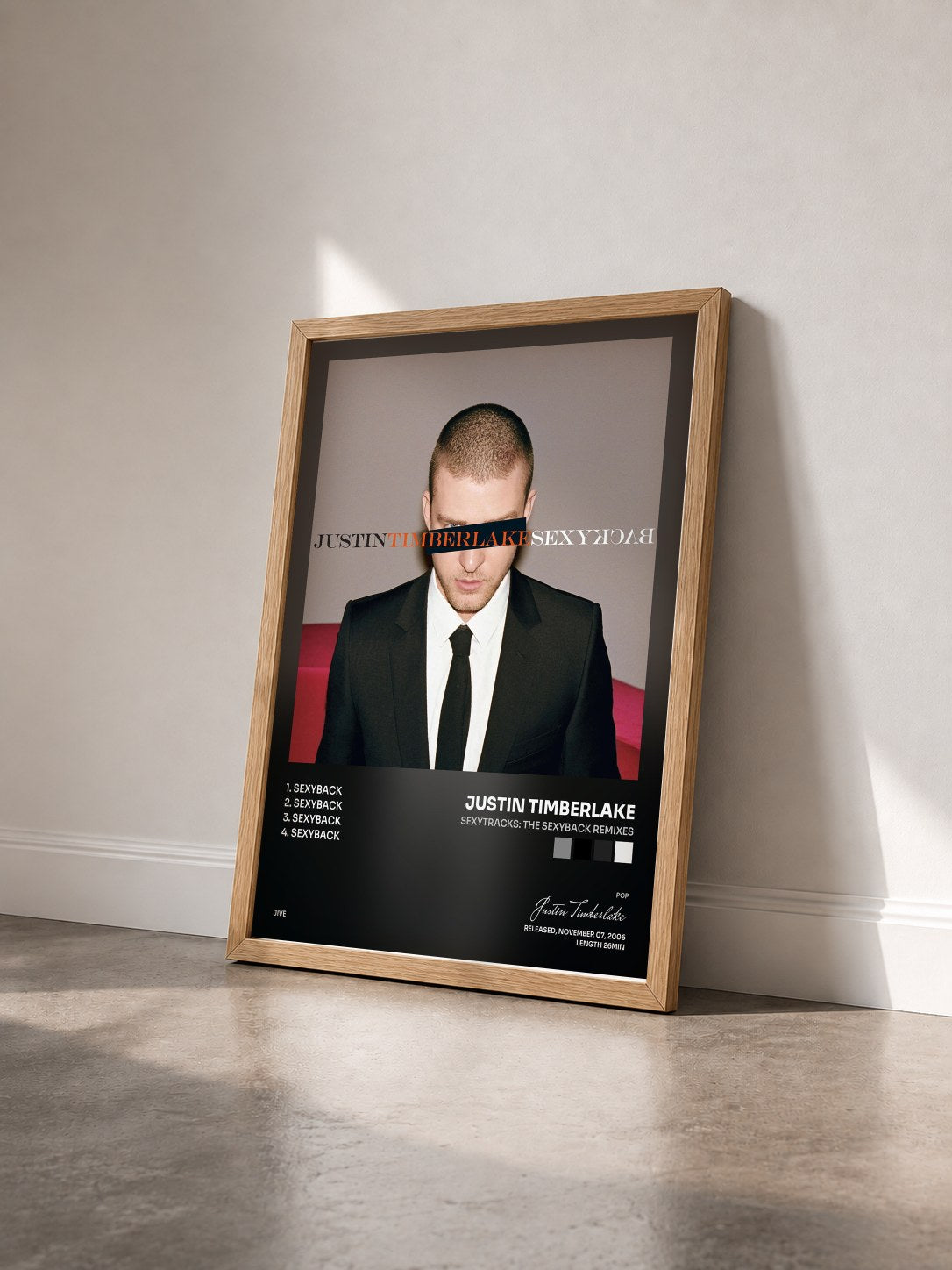 #bois Tableau de l'album SexyTracks: The SexyBack Remixes de Justin Timberlake vu de trois quarts, cadre en bois brut