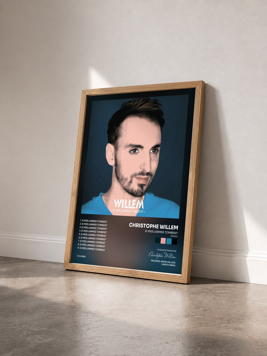 #bois Tableau de l'album Si mes larmes tombent (Remixes) de Christophe Willem vu de trois quarts, cadre en bois brut