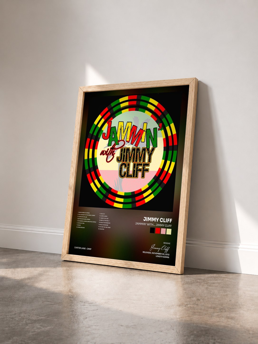 #bois Tableau de l'album Jammin' With… Jimmy Cliff de Jimmy Cliff vu de trois quarts, cadre en bois brut