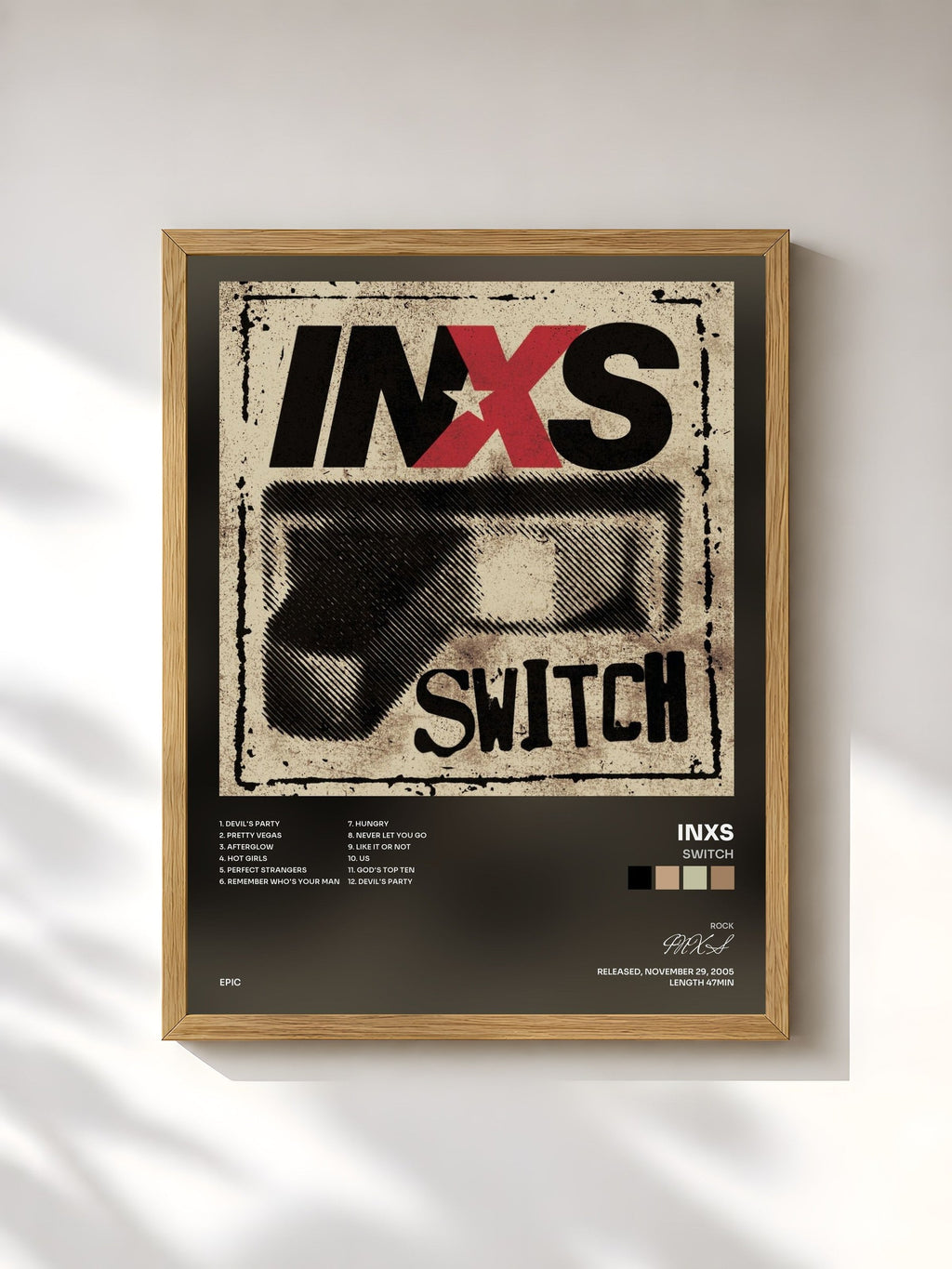 #bois Tableau de l'album Switch de INXS, cadre en bois brut, imprimé et encadré en France