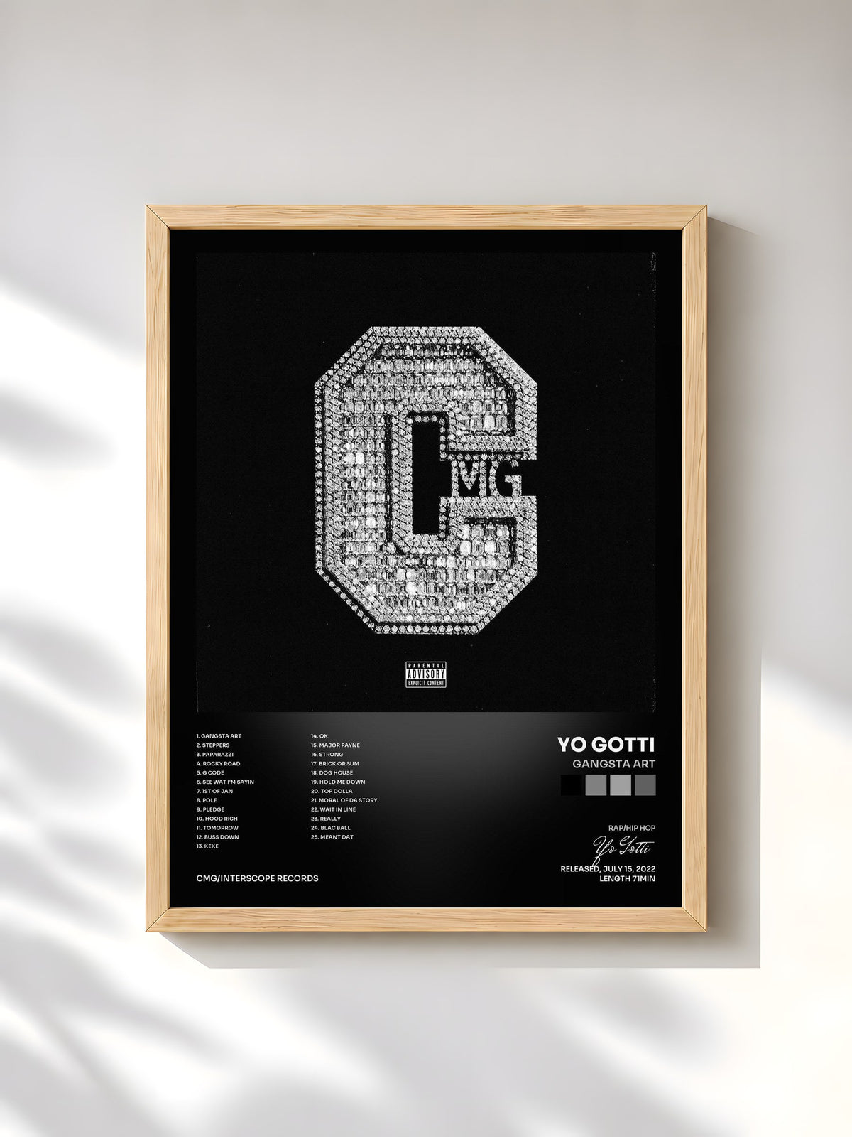 #bois Tableau de l'album Gangsta Art de Yo Gotti, cadre en bois brut, imprimé et encadré en France