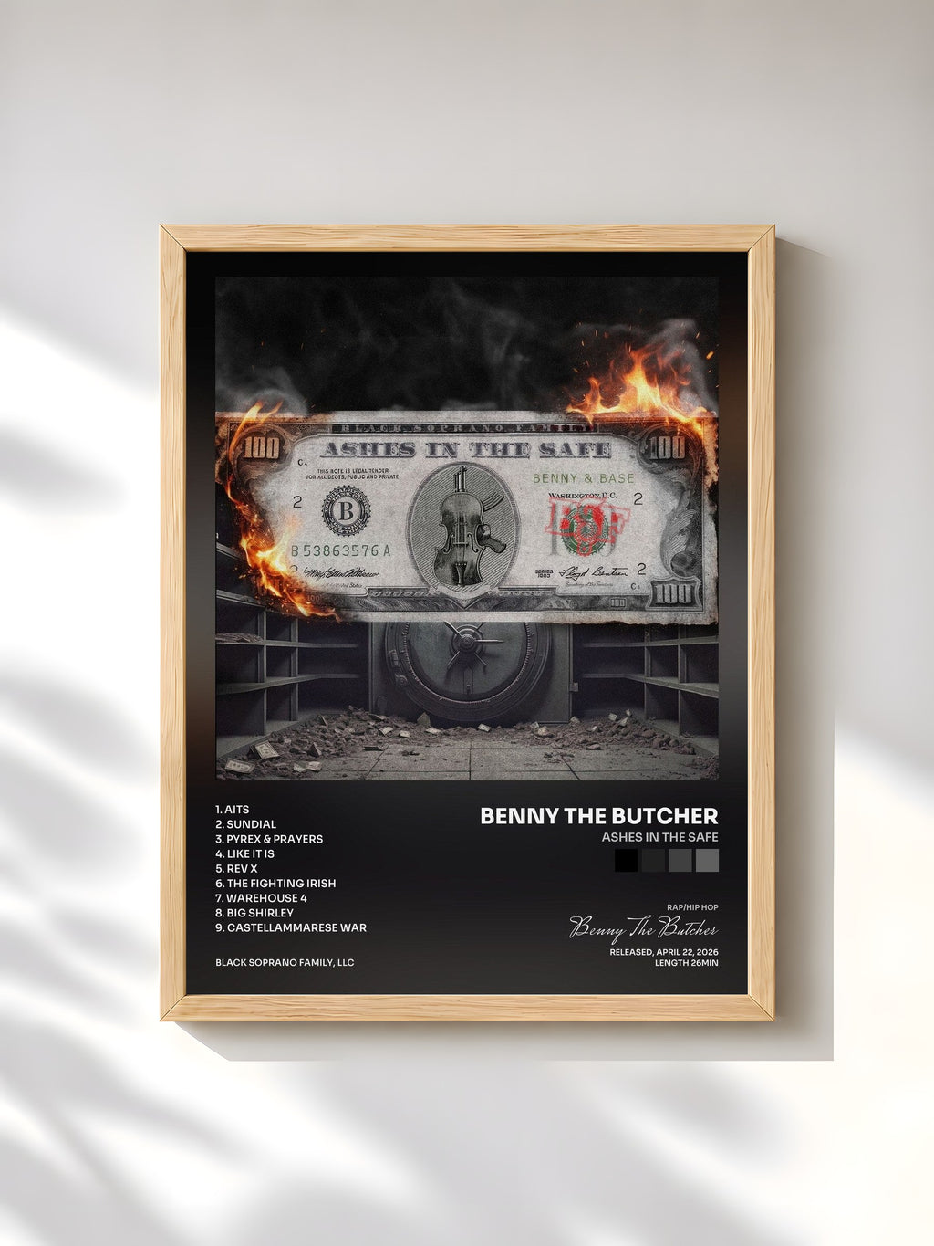#bois Tableau de l'album Ashes In The Safe de Benny The Butcher, cadre en bois brut, imprimé et encadré en France