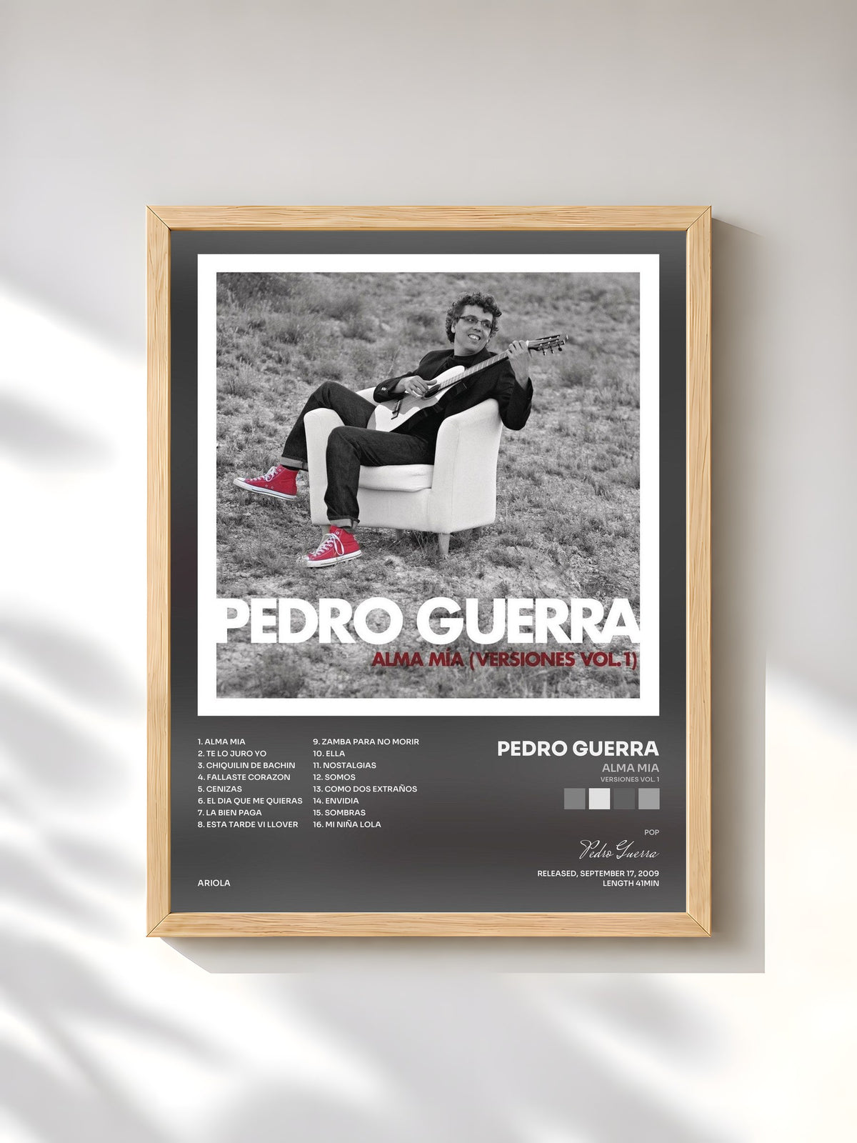 #bois Tableau de l'album Alma Mia (Versiones Vol. 1) de Pedro Guerra, cadre en bois brut, imprimé et encadré en France