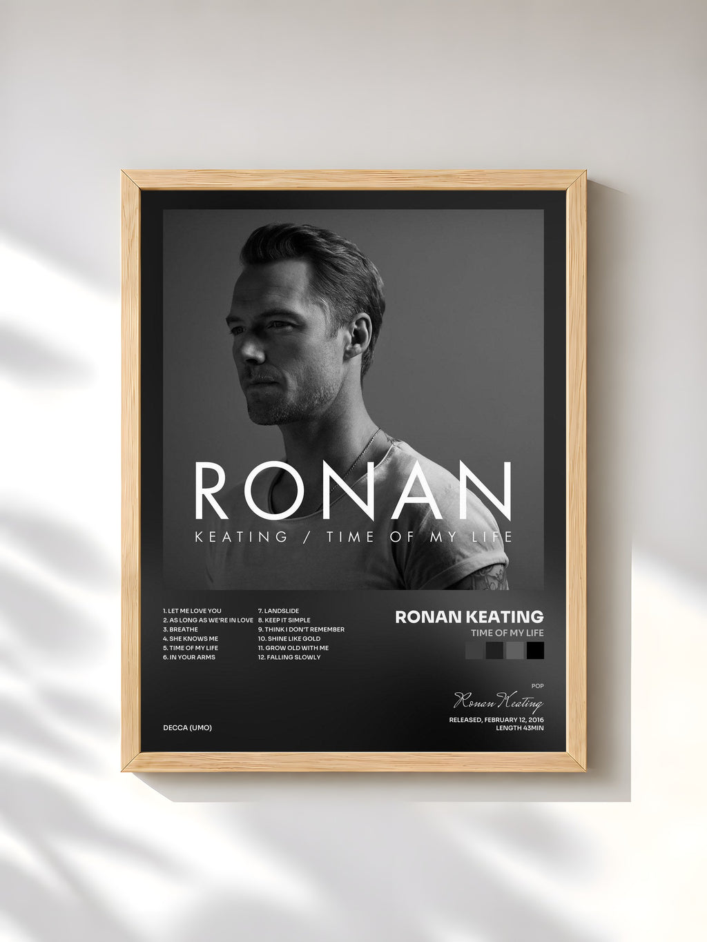 #bois Tableau de l'album Time Of My Life de Ronan Keating, cadre en bois brut, imprimé et encadré en France