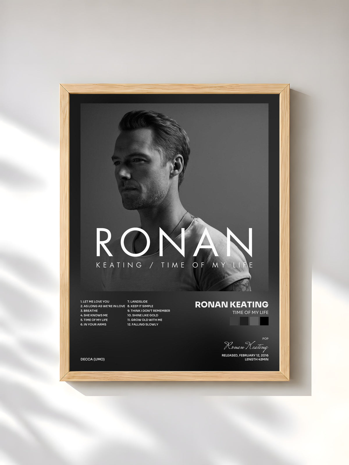 #bois Tableau de l'album Time Of My Life de Ronan Keating, cadre en bois brut, imprimé et encadré en France
