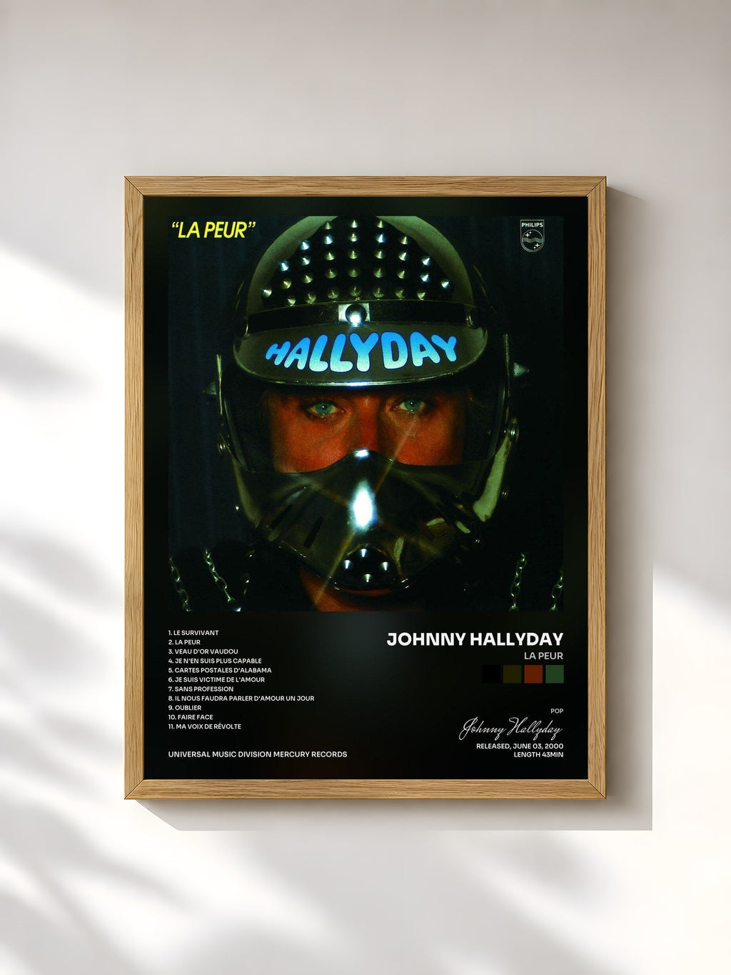 #bois Tableau de l'album La peur de Johnny Hallyday, cadre en bois brut, imprimé et encadré en France