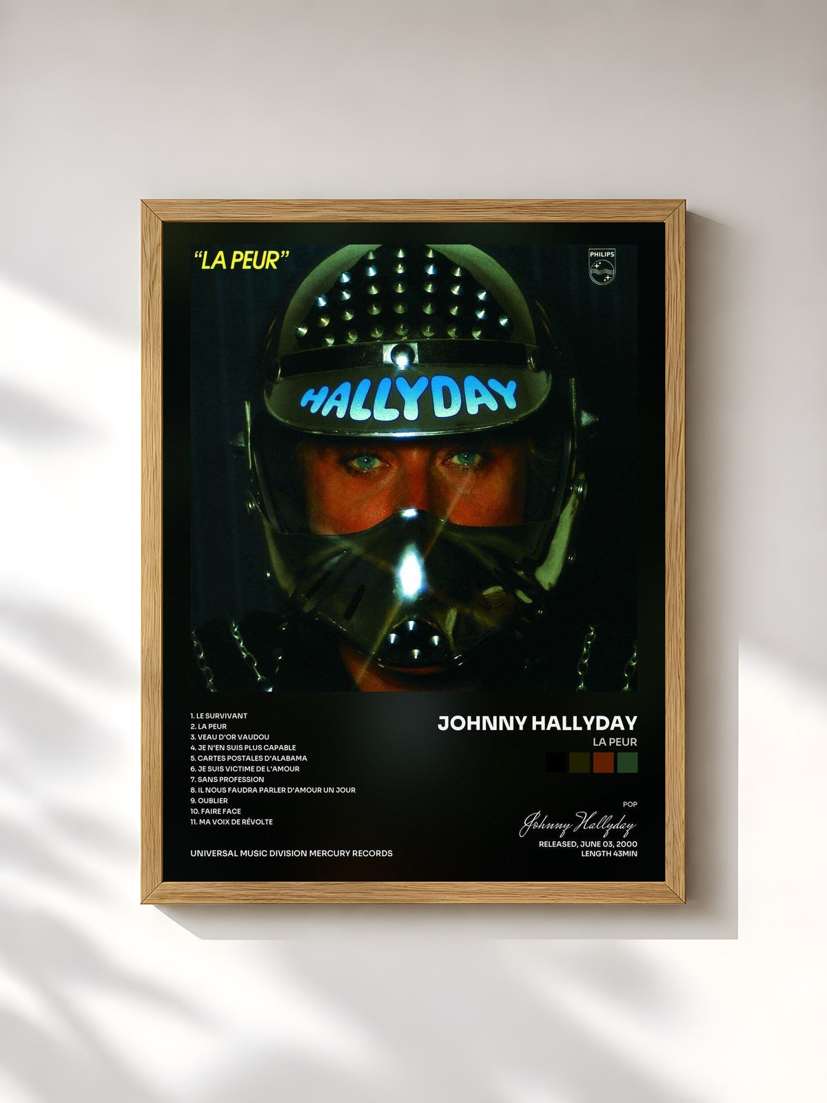 #bois Tableau de l'album La peur de Johnny Hallyday, cadre en bois brut, imprimé et encadré en France