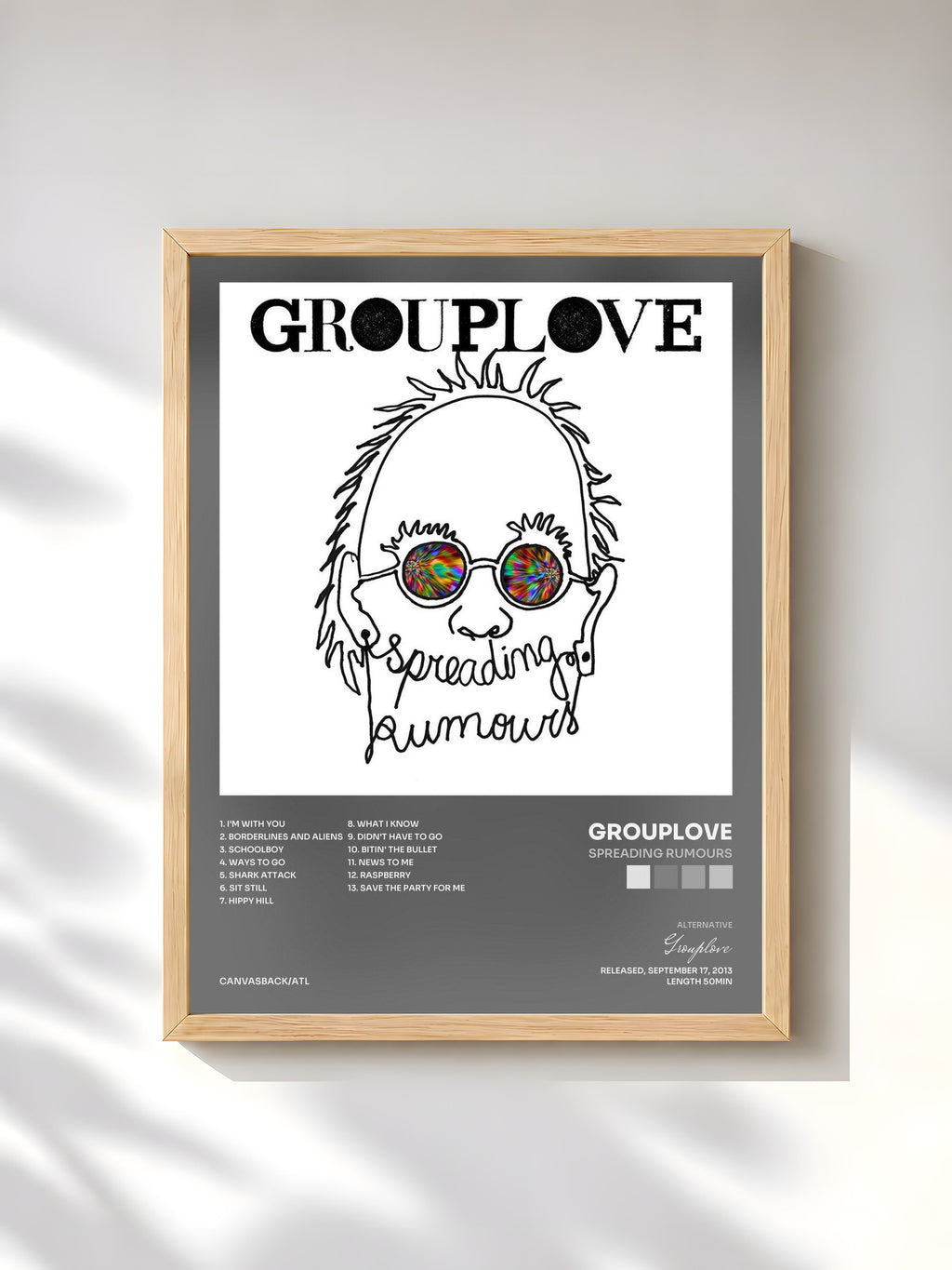 #bois Tableau de l'album Spreading Rumours de Grouplove, cadre en bois brut, imprimé et encadré en France
