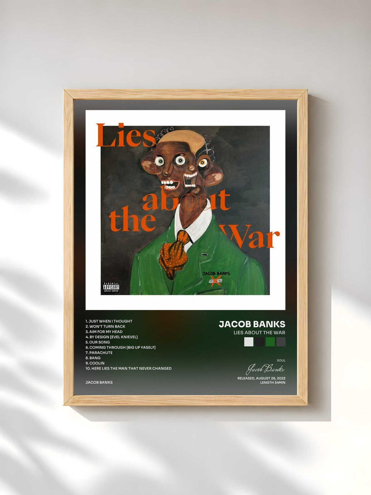 #bois Tableau de l'album Lies About The War de Jacob Banks, cadre en bois brut, imprimé et encadré en France