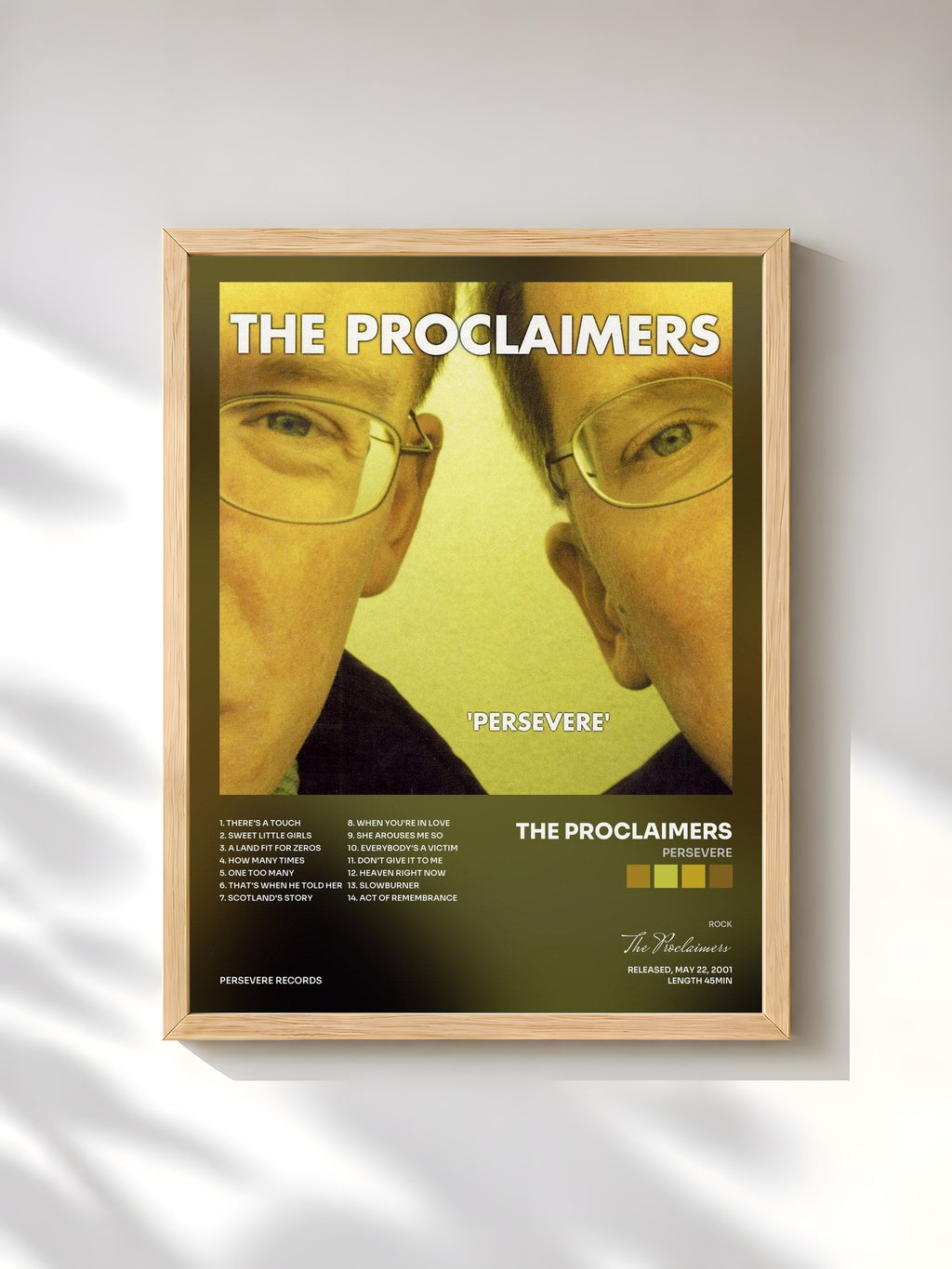 #bois Tableau de l'album Persevere de The Proclaimers, cadre en bois brut, imprimé et encadré en France