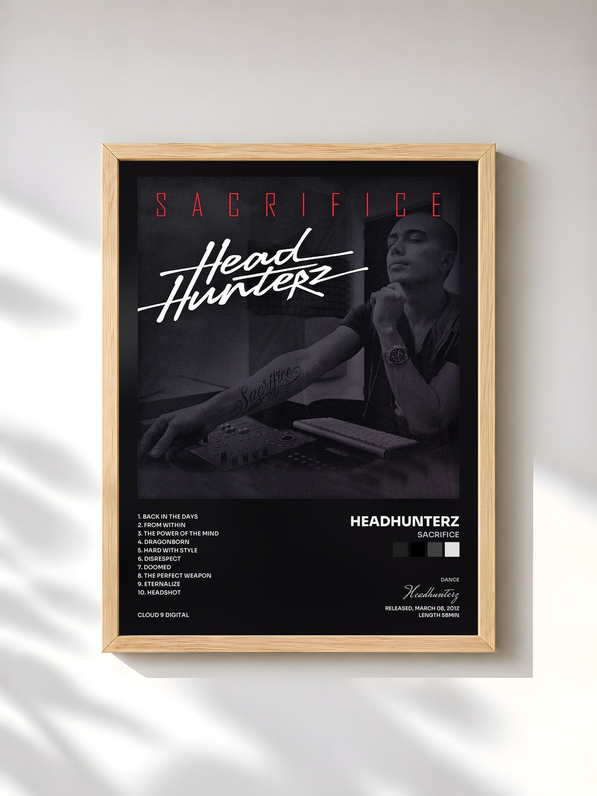 #bois Tableau de l'album Sacrifice de Headhunterz, cadre en bois brut, imprimé et encadré en France