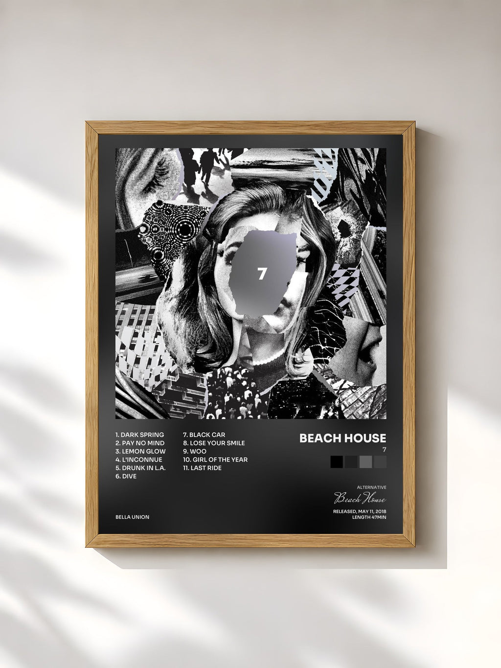 #bois Tableau de l'album 7 de Beach House, cadre en bois brut, imprimé et encadré en France