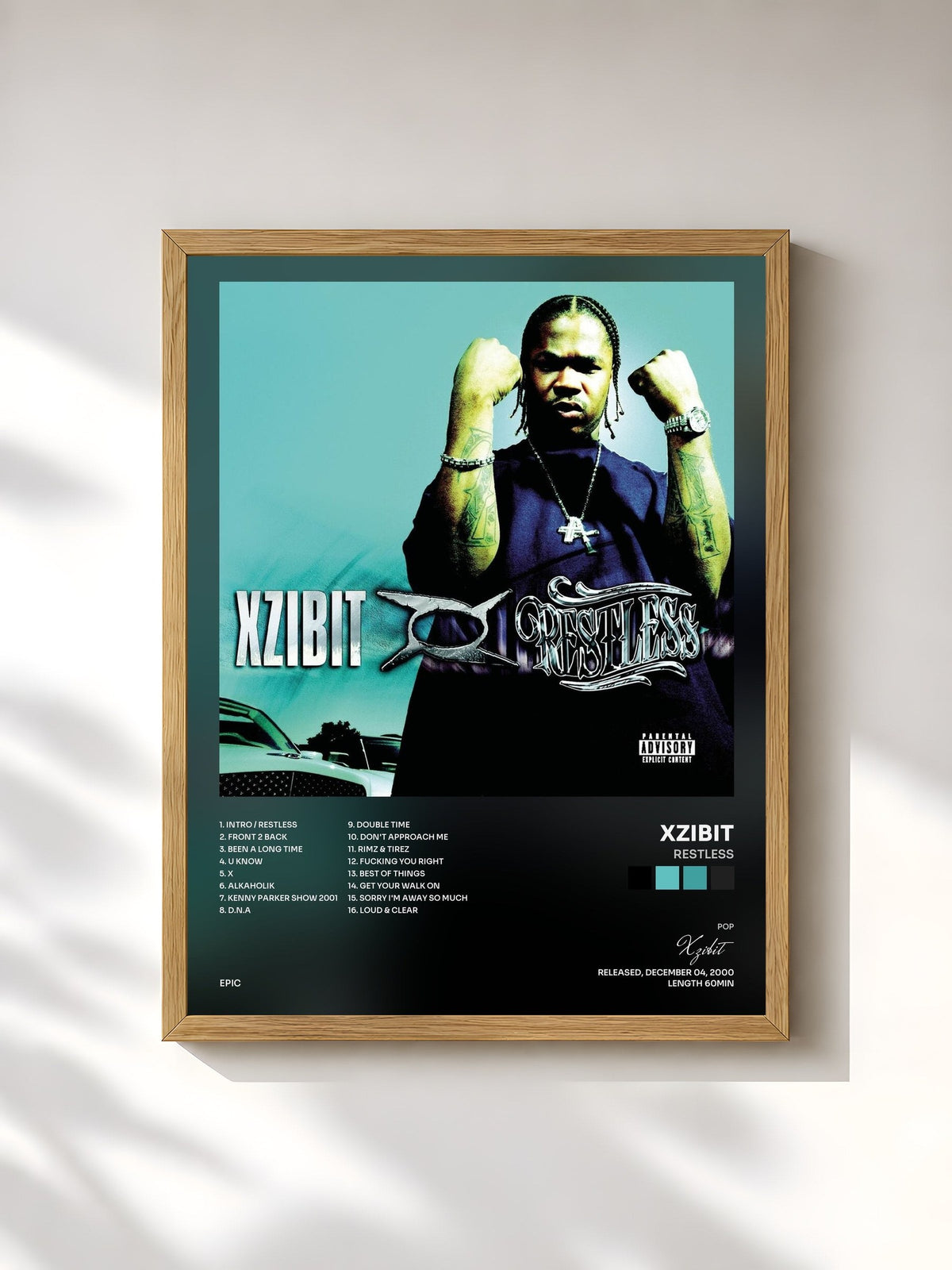 #bois Tableau de l'album Restless de Xzibit, cadre en bois brut, imprimé et encadré en France