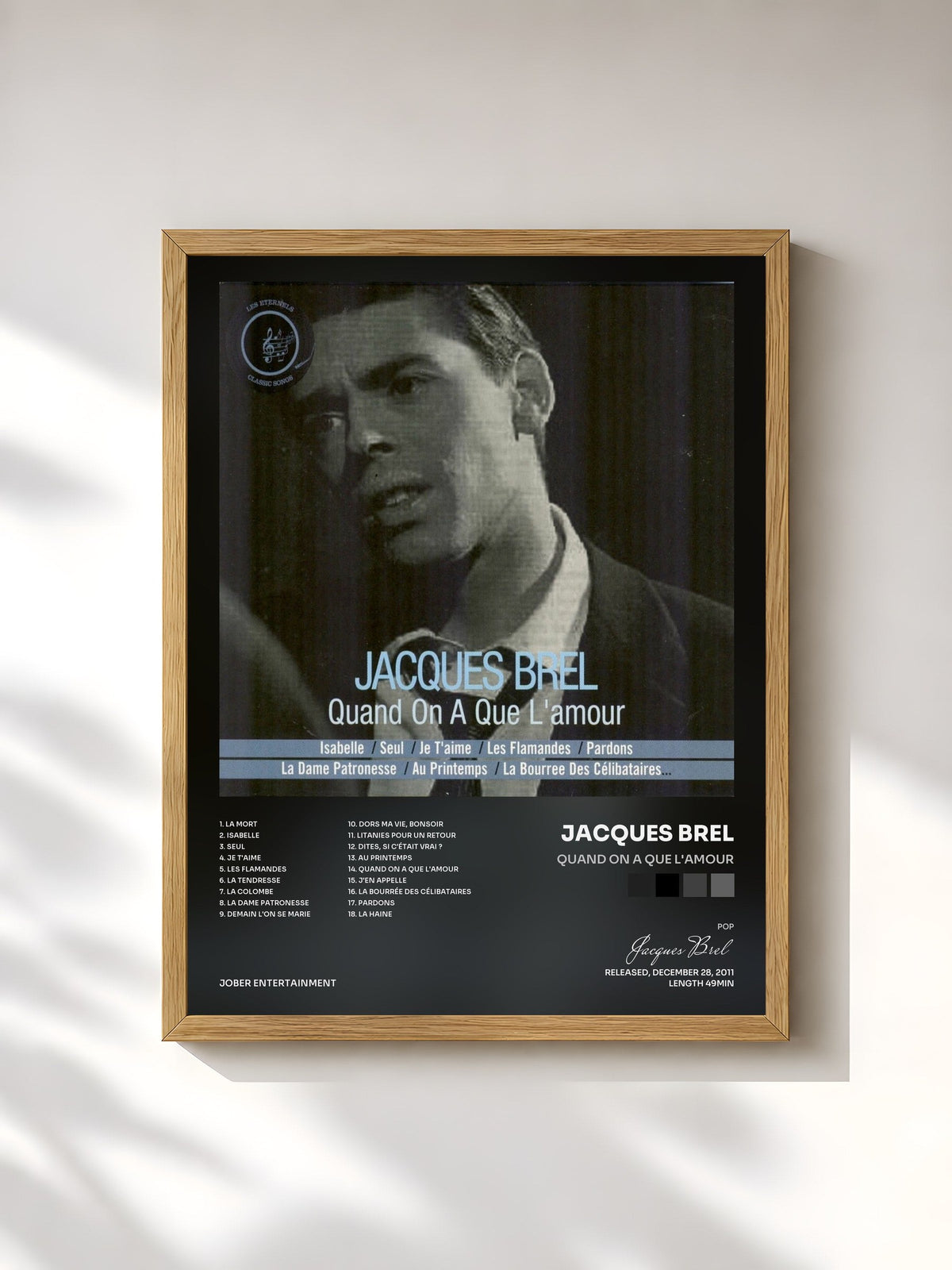 #bois Tableau de l'album Quand on a que l'amour de Jacques Brel, cadre en bois brut, imprimé et encadré en France