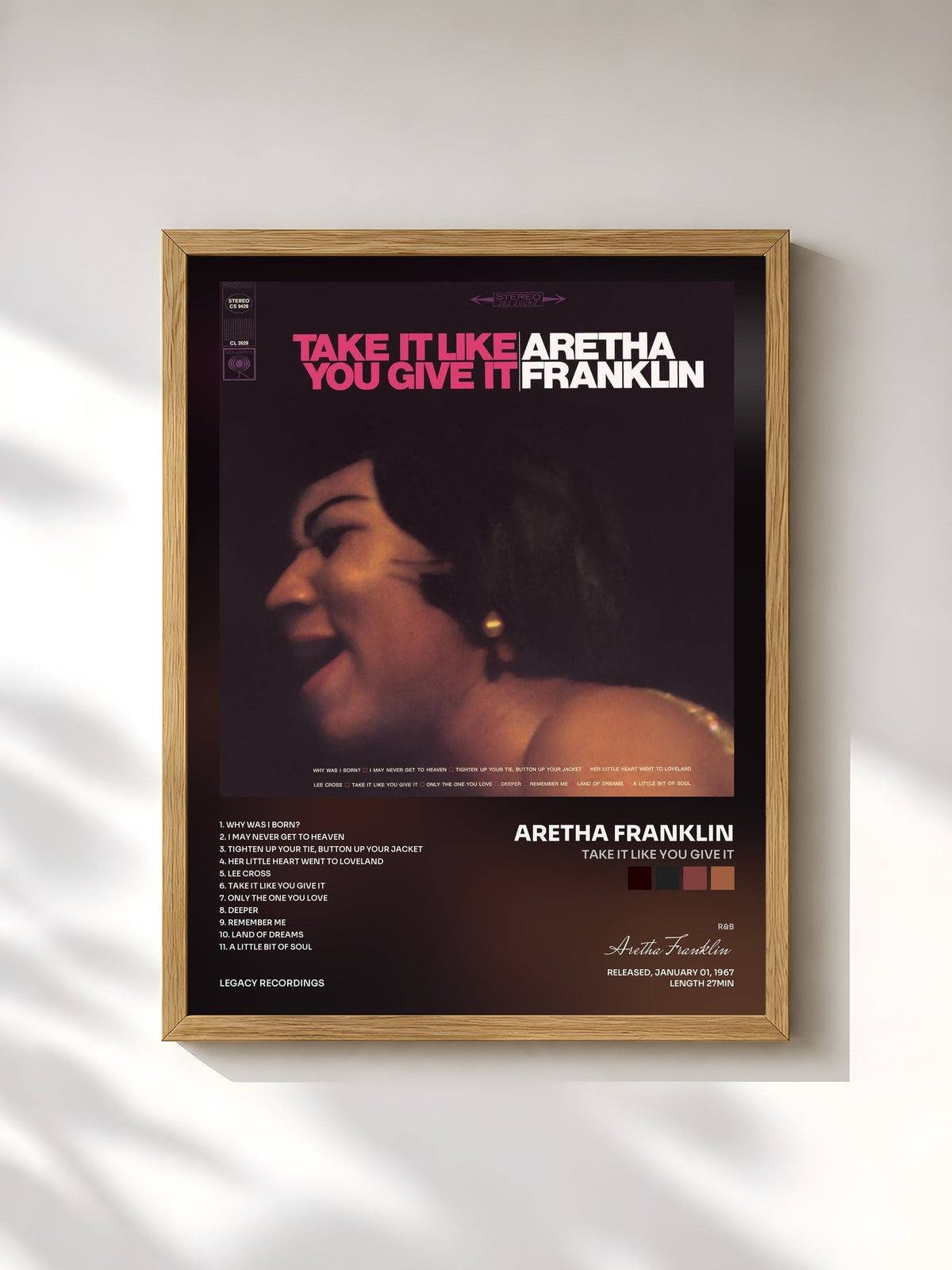 #bois Tableau de l'album Take It Like You Give It de Aretha Franklin, cadre en bois brut, imprimé et encadré en France