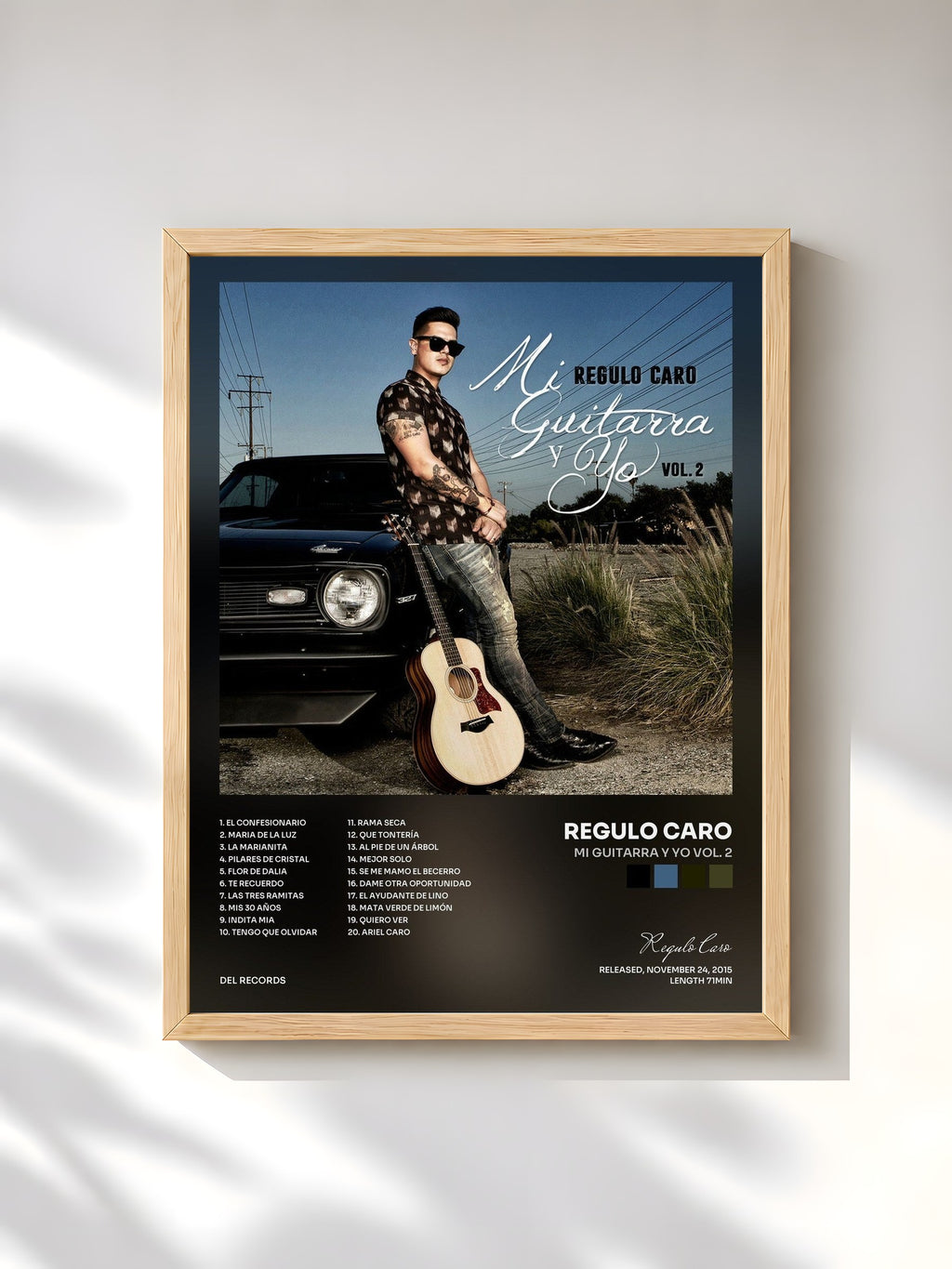 #bois Tableau de l'album Mi Guitarra y Yo Vol. 2 de Regulo Caro, cadre en bois brut, imprimé et encadré en France