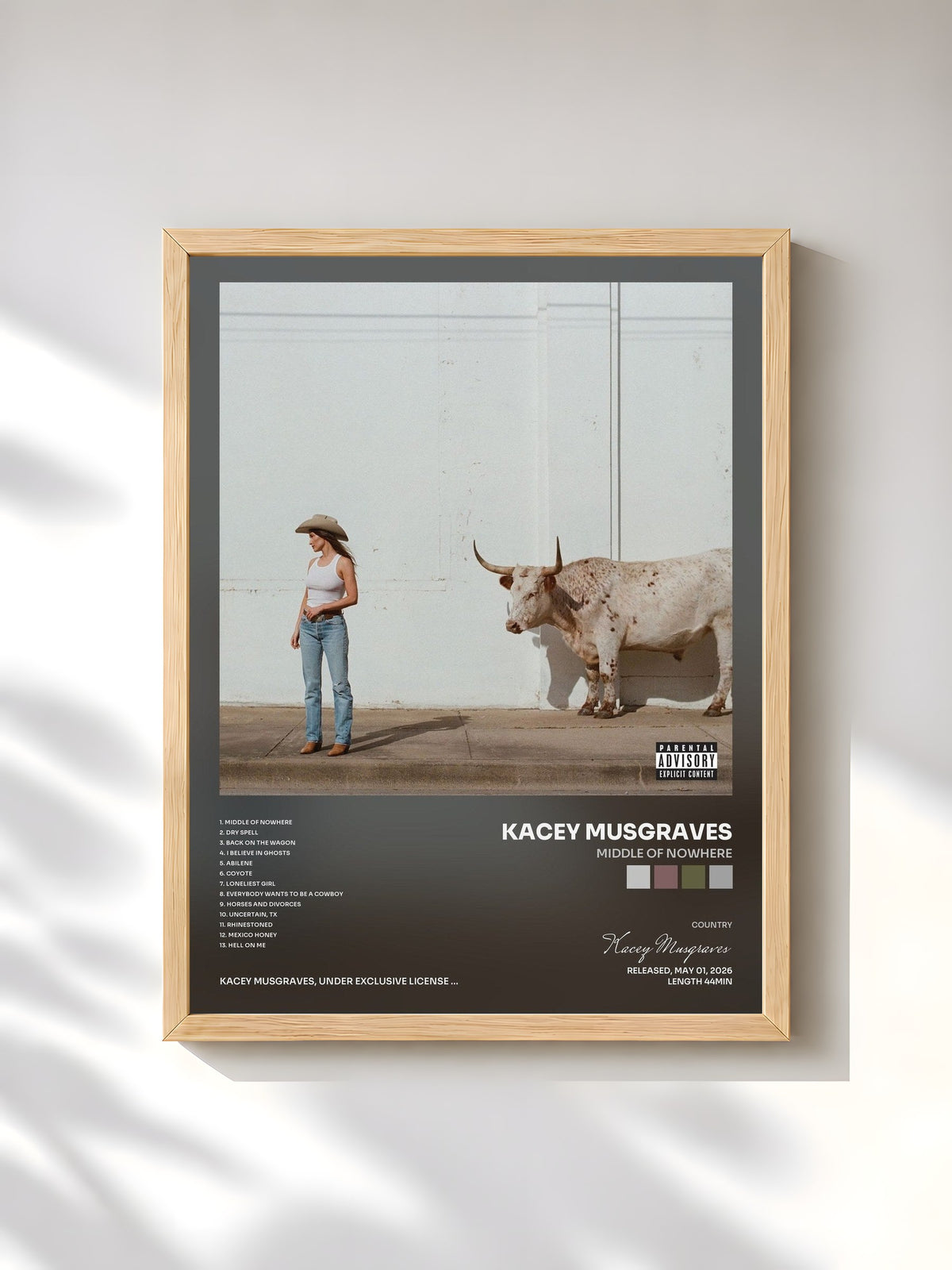 #bois Tableau de l'album Middle of Nowhere de Kacey Musgraves, cadre en bois brut, imprimé et encadré en France