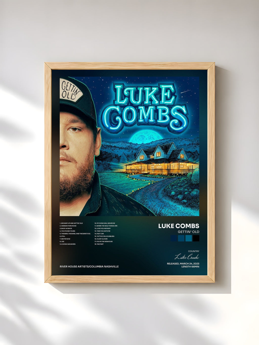 #bois Tableau de l'album Gettin' Old de Luke Combs, cadre en bois brut, imprimé et encadré en France