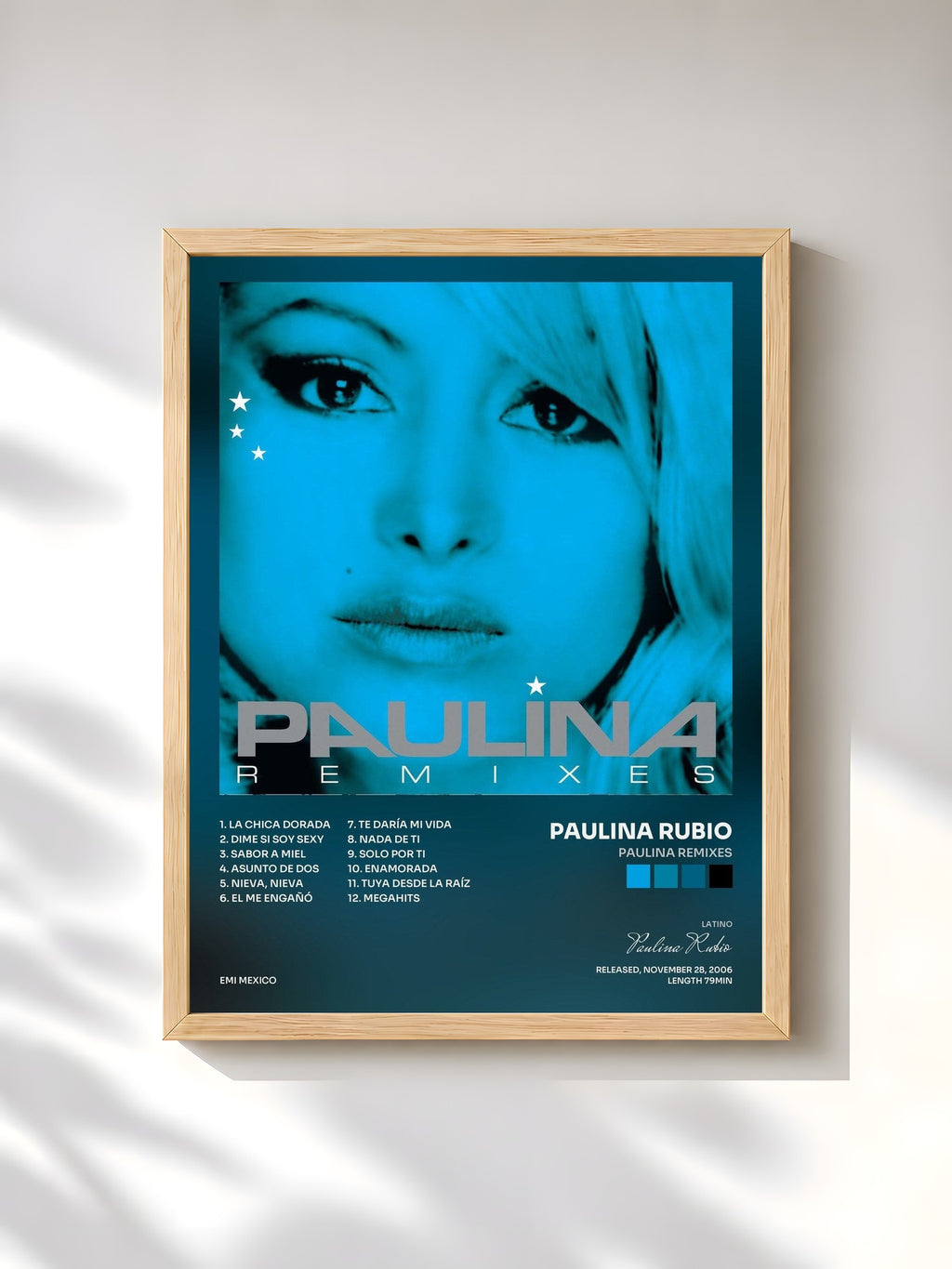 #bois Tableau de l'album Paulina Remixes de Paulina Rubio, cadre en bois brut, imprimé et encadré en France