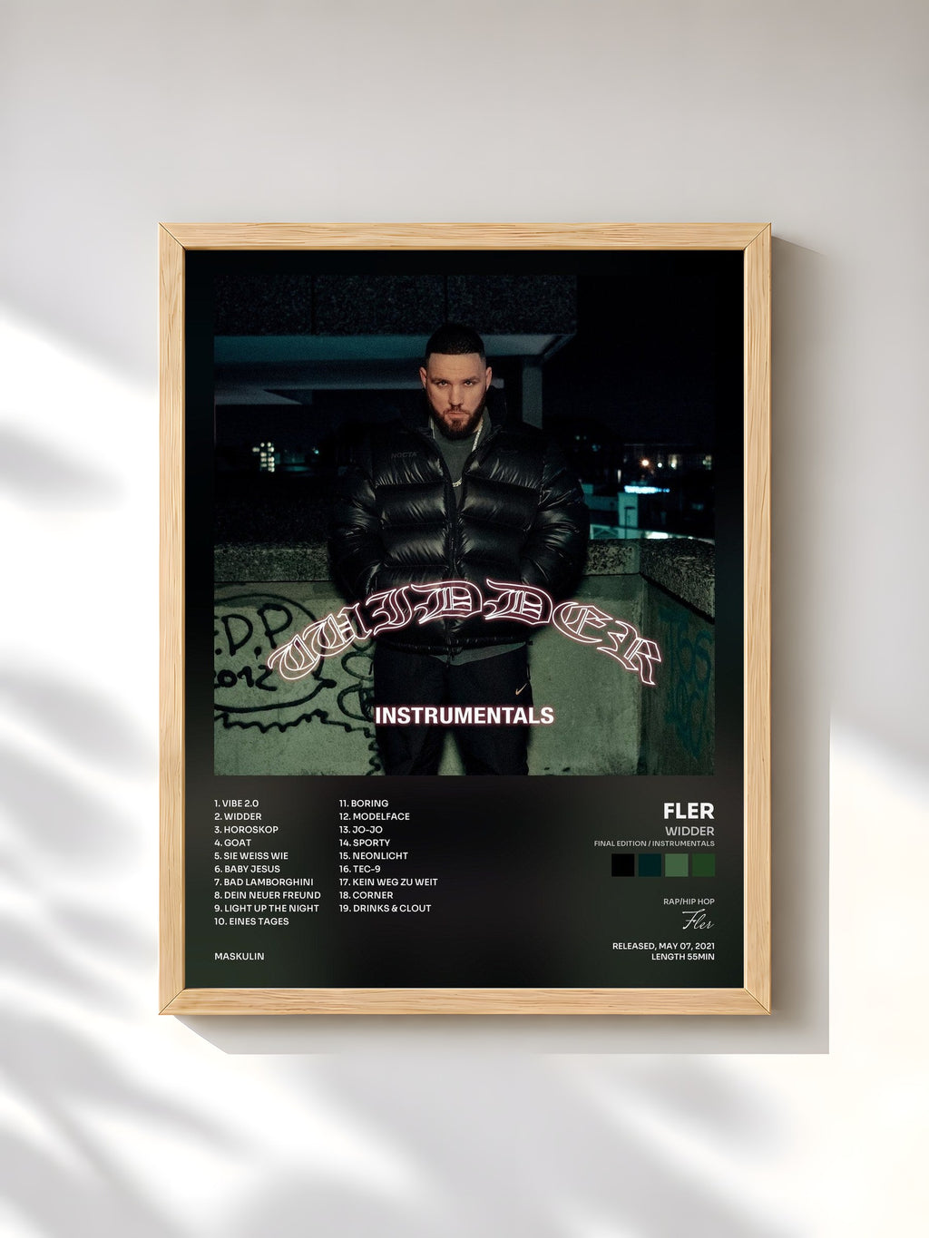 #bois Tableau de l'album WIDDER (FINAL EDITION / INSTRUMENTALS) de Fler, cadre en bois brut, imprimé et encadré en France