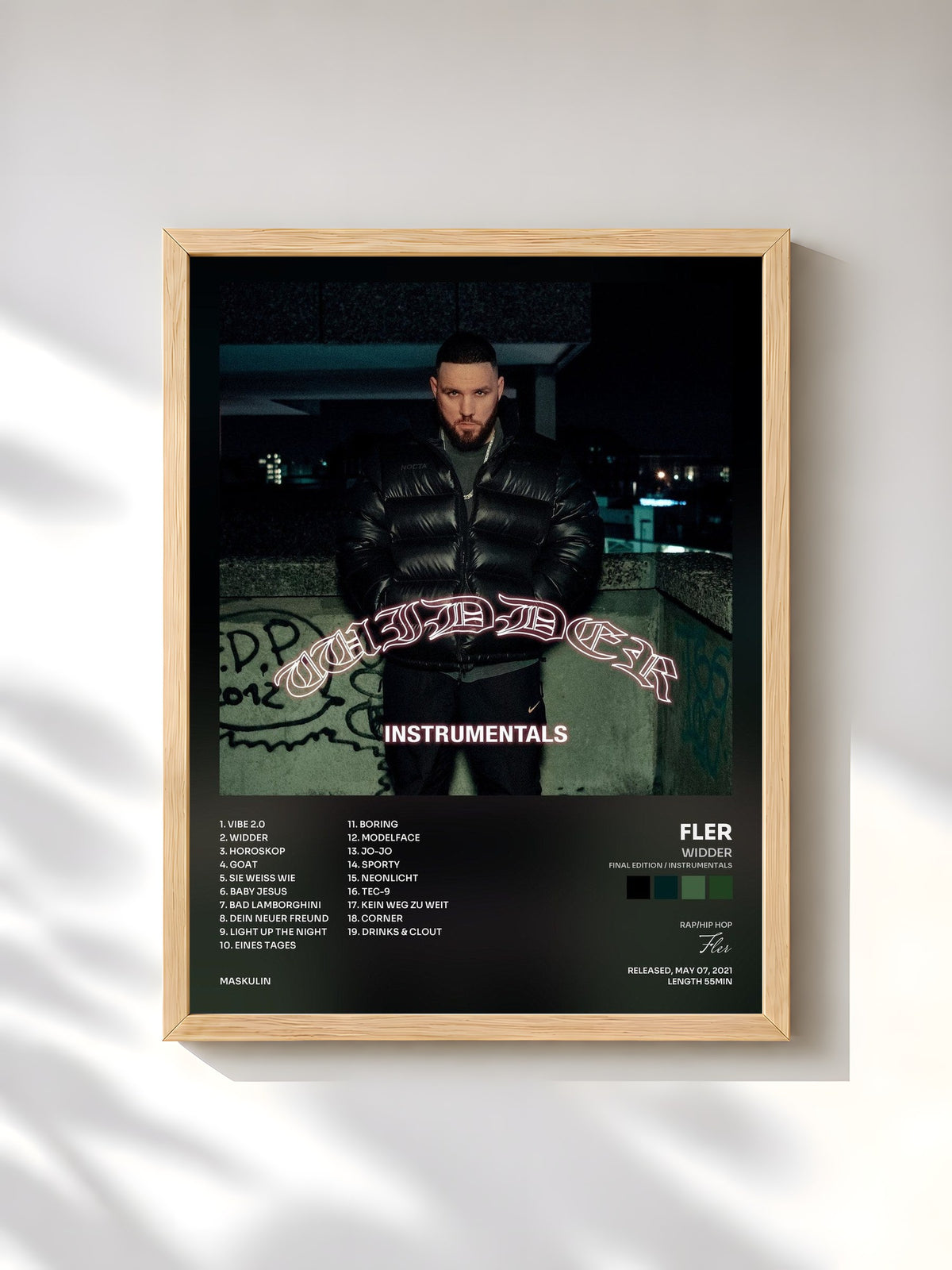 #bois Tableau de l'album WIDDER (FINAL EDITION / INSTRUMENTALS) de Fler, cadre en bois brut, imprimé et encadré en France