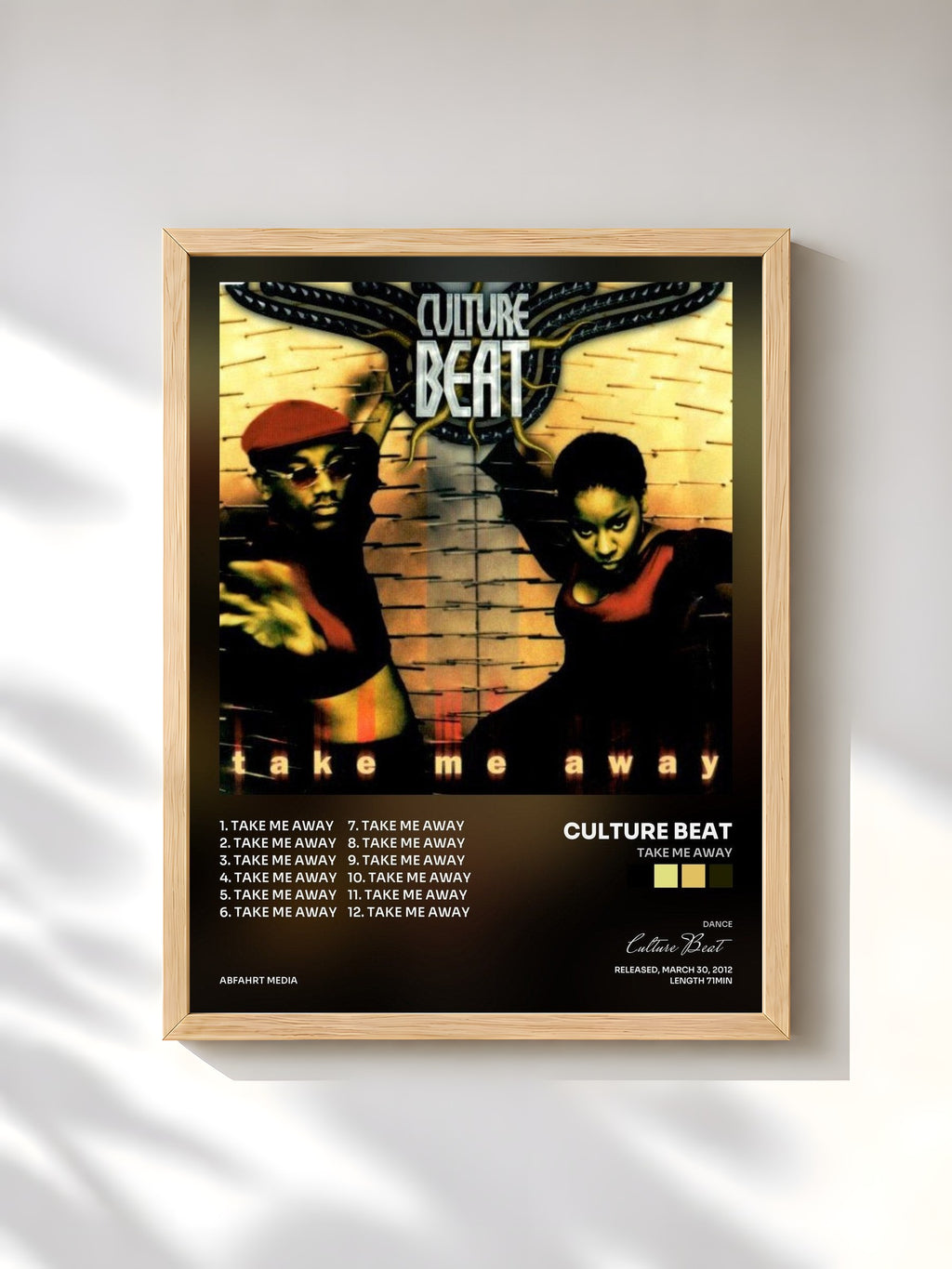 #bois Tableau de l'album Take Me Away de Culture Beat, cadre en bois brut, imprimé et encadré en France