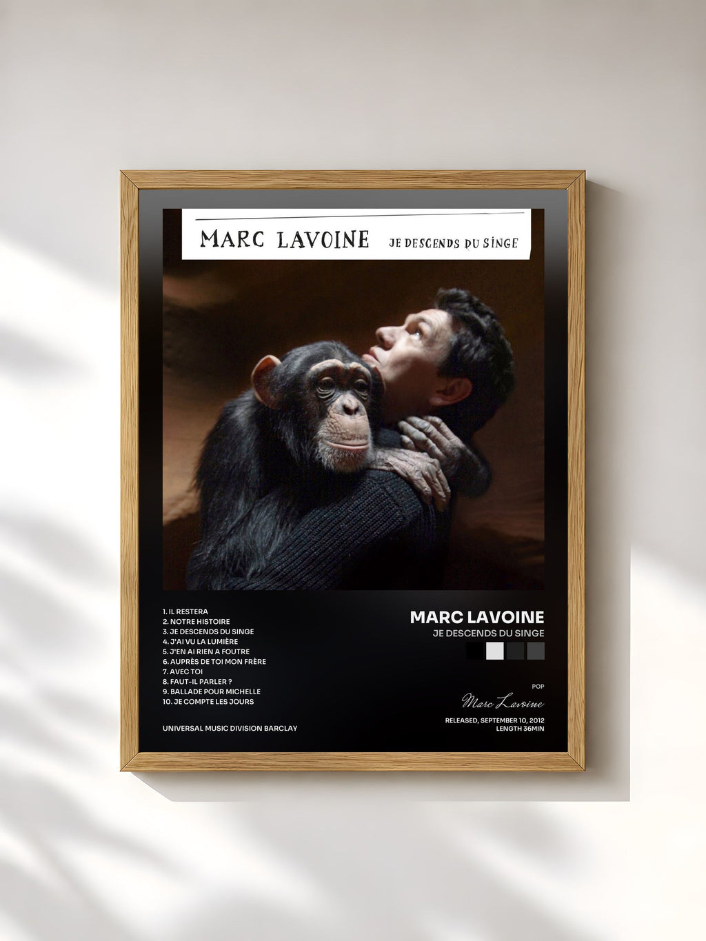 #bois Tableau de l'album Je Descends Du Singe de Marc Lavoine, cadre en bois brut, imprimé et encadré en France