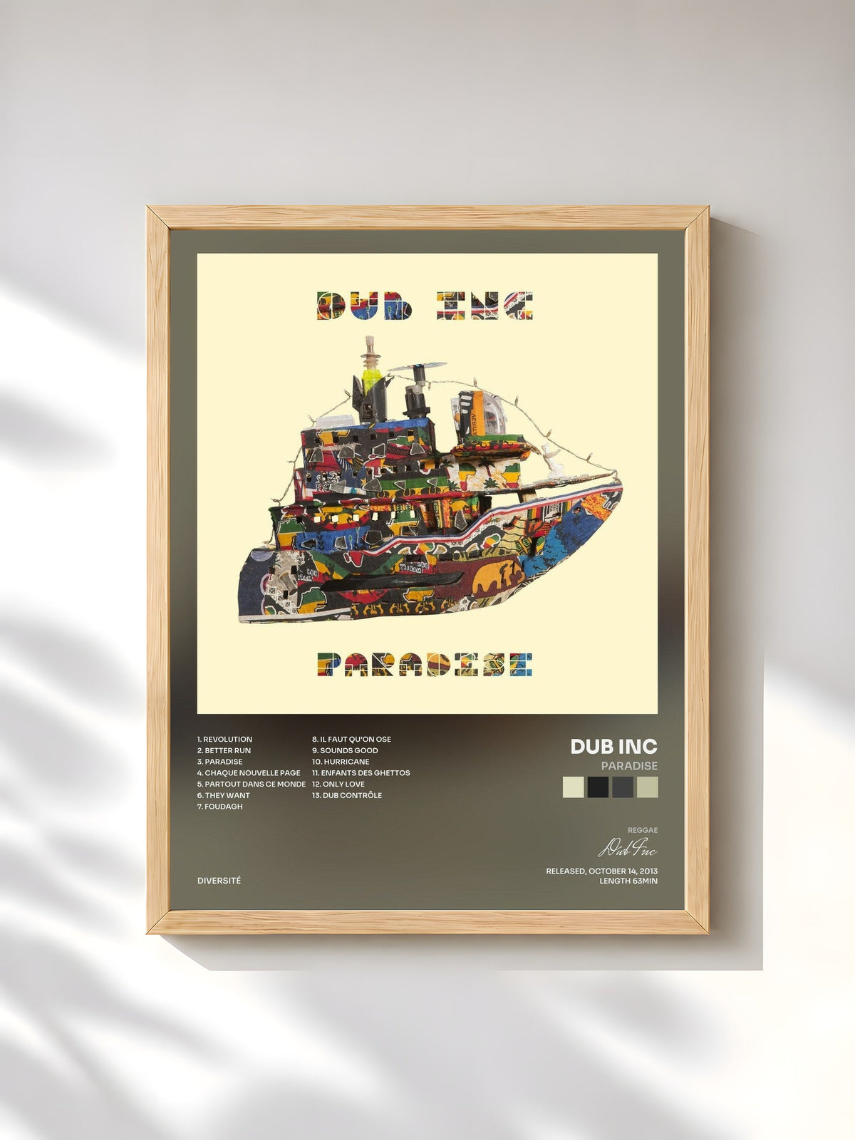#bois Tableau de l'album Paradise de Dub Inc, cadre en bois brut, imprimé et encadré en France