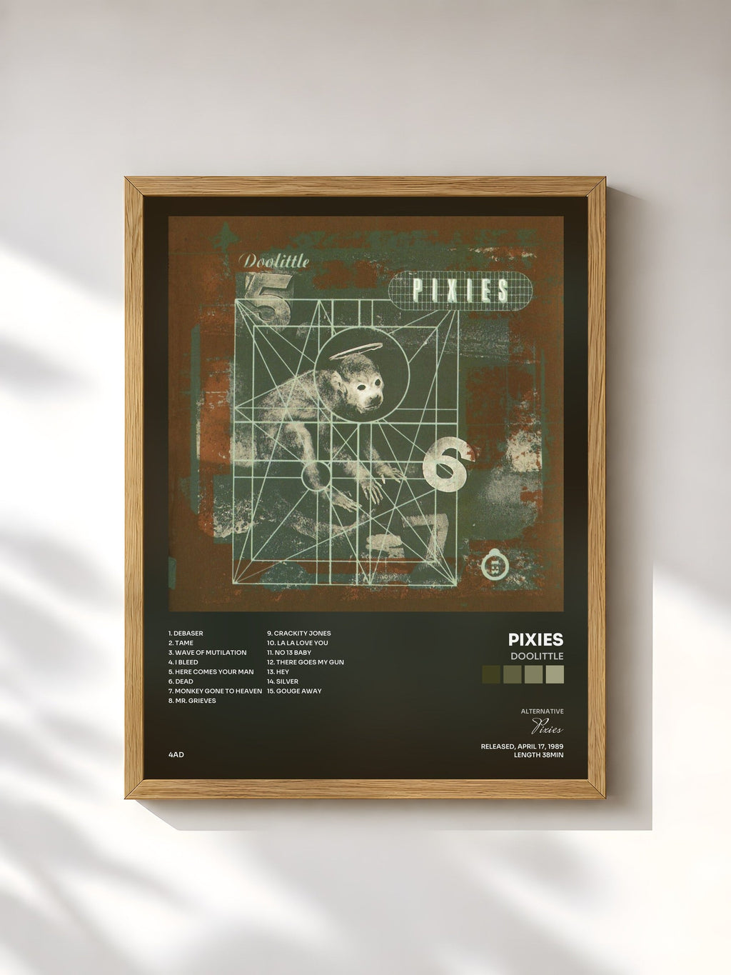 #bois Tableau de l'album Doolittle de Pixies, cadre en bois brut, imprimé et encadré en France