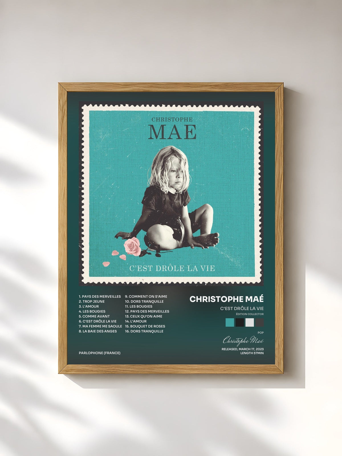 #bois Tableau de l'album C'est drôle la vie (Édition Collector) de Christophe Maé, cadre en bois brut, imprimé et encadré en France