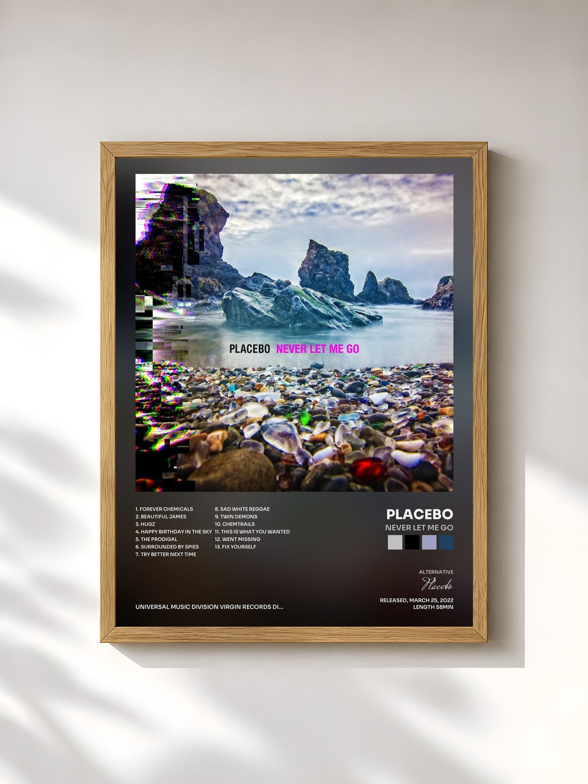 #bois Tableau de l'album Never Let Me Go de Placebo, cadre en bois brut, imprimé et encadré en France