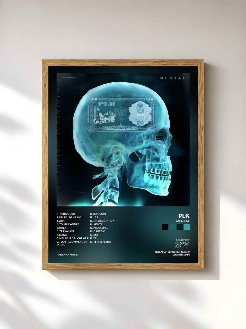 #bois Tableau de l'album Mental de PLK, cadre en bois brut, imprimé et encadré en France
