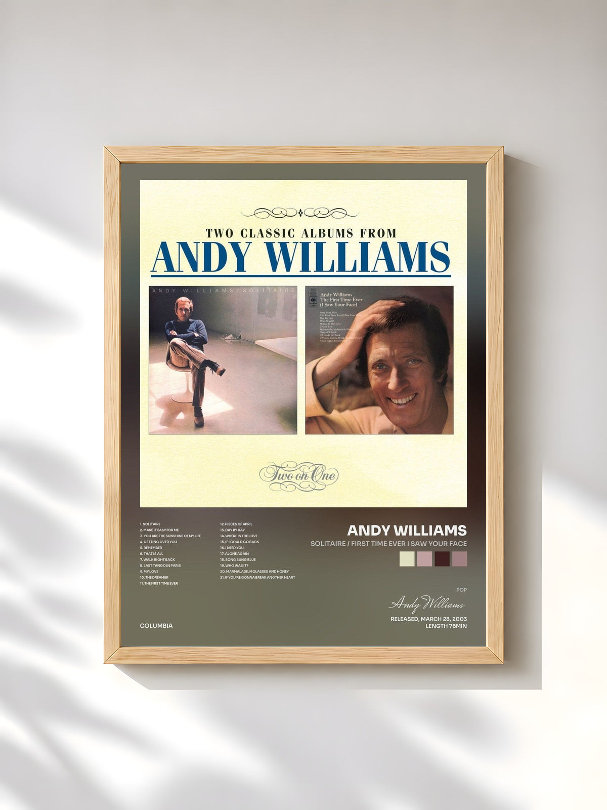 #bois Tableau de l'album Solitaire / First Time Ever I Saw Your Face de Andy Williams, cadre en bois brut, imprimé et encadré en France