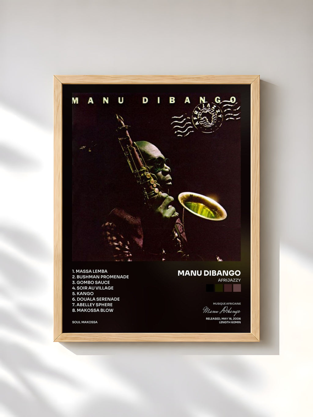 #bois Tableau de l'album Afrijazzy de Manu Dibango, cadre en bois brut, imprimé et encadré en France