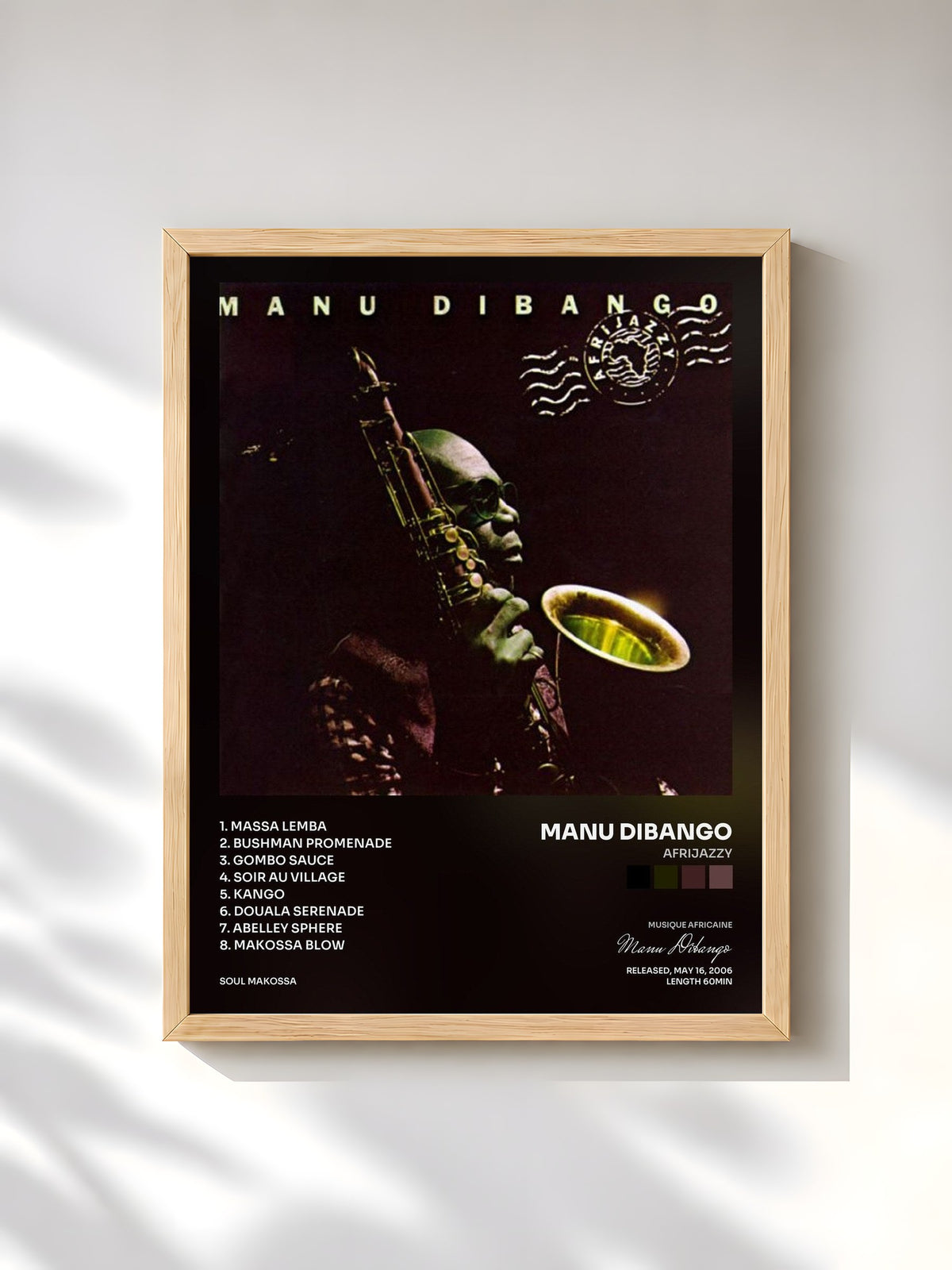 #bois Tableau de l'album Afrijazzy de Manu Dibango, cadre en bois brut, imprimé et encadré en France