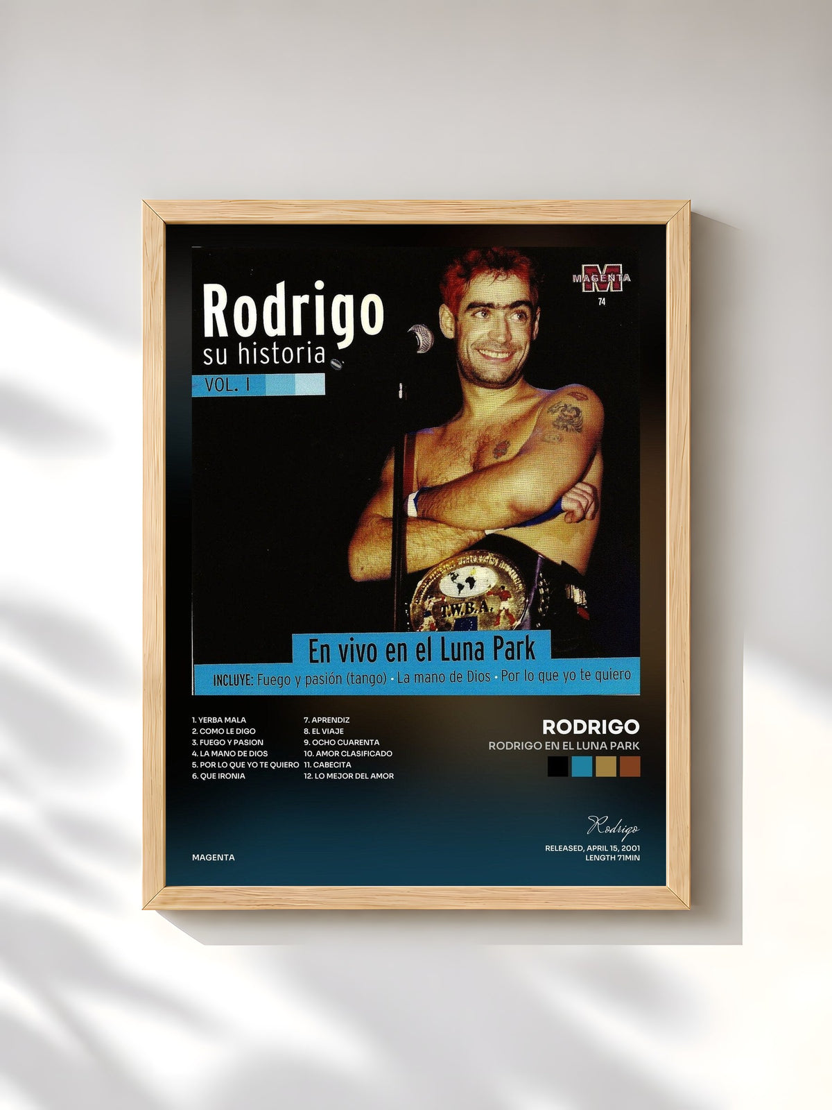 #bois Tableau de l'album Rodrigo en el Luna Park de Rodrigo, cadre en bois brut, imprimé et encadré en France