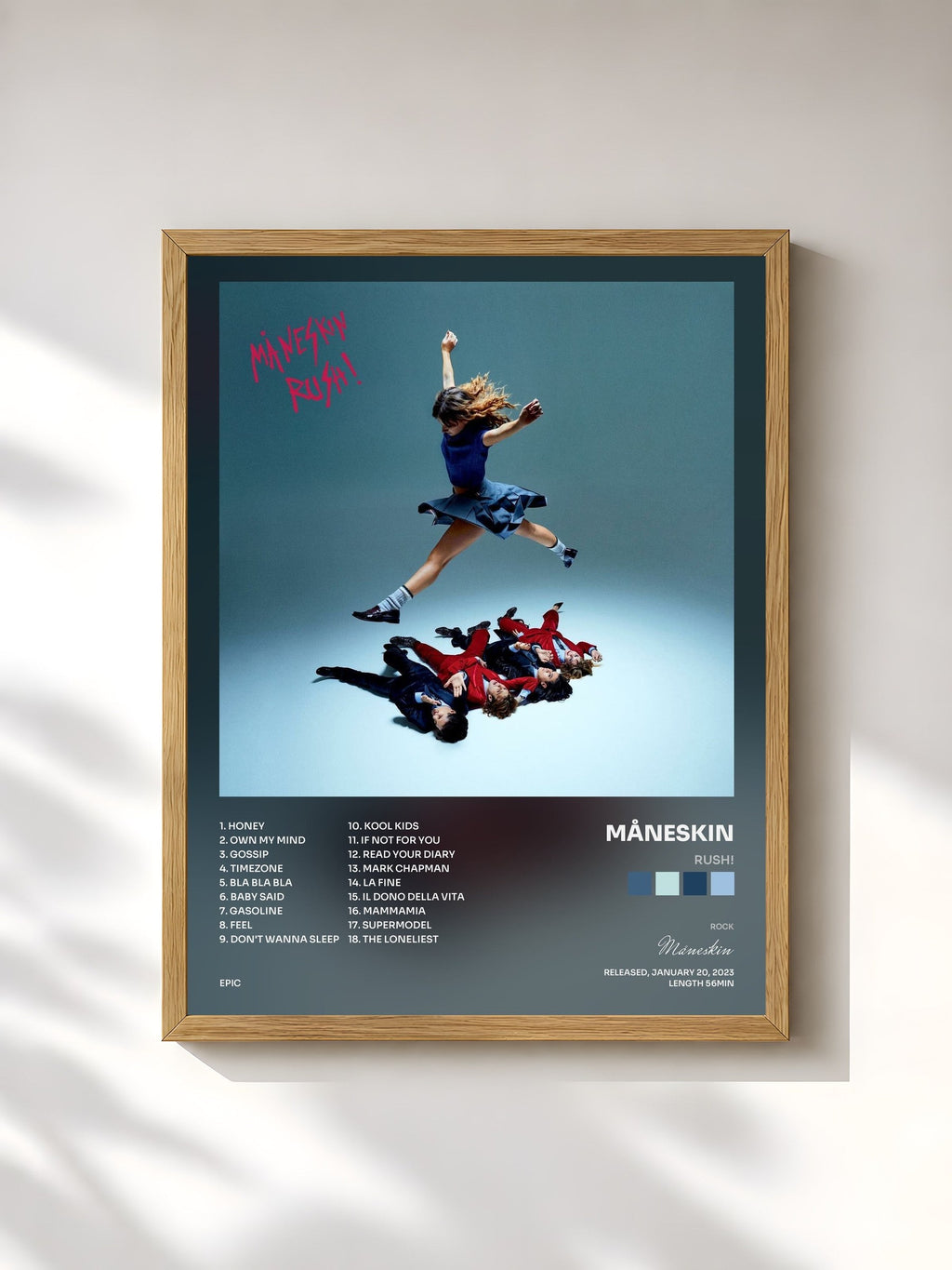 #bois Tableau de l'album RUSH! de Måneskin, cadre en bois brut, imprimé et encadré en France