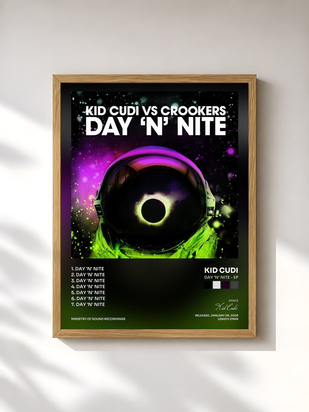 #bois Tableau de l'album Day 'n' Nite - EP de Kid Cudi, cadre en bois brut, imprimé et encadré en France