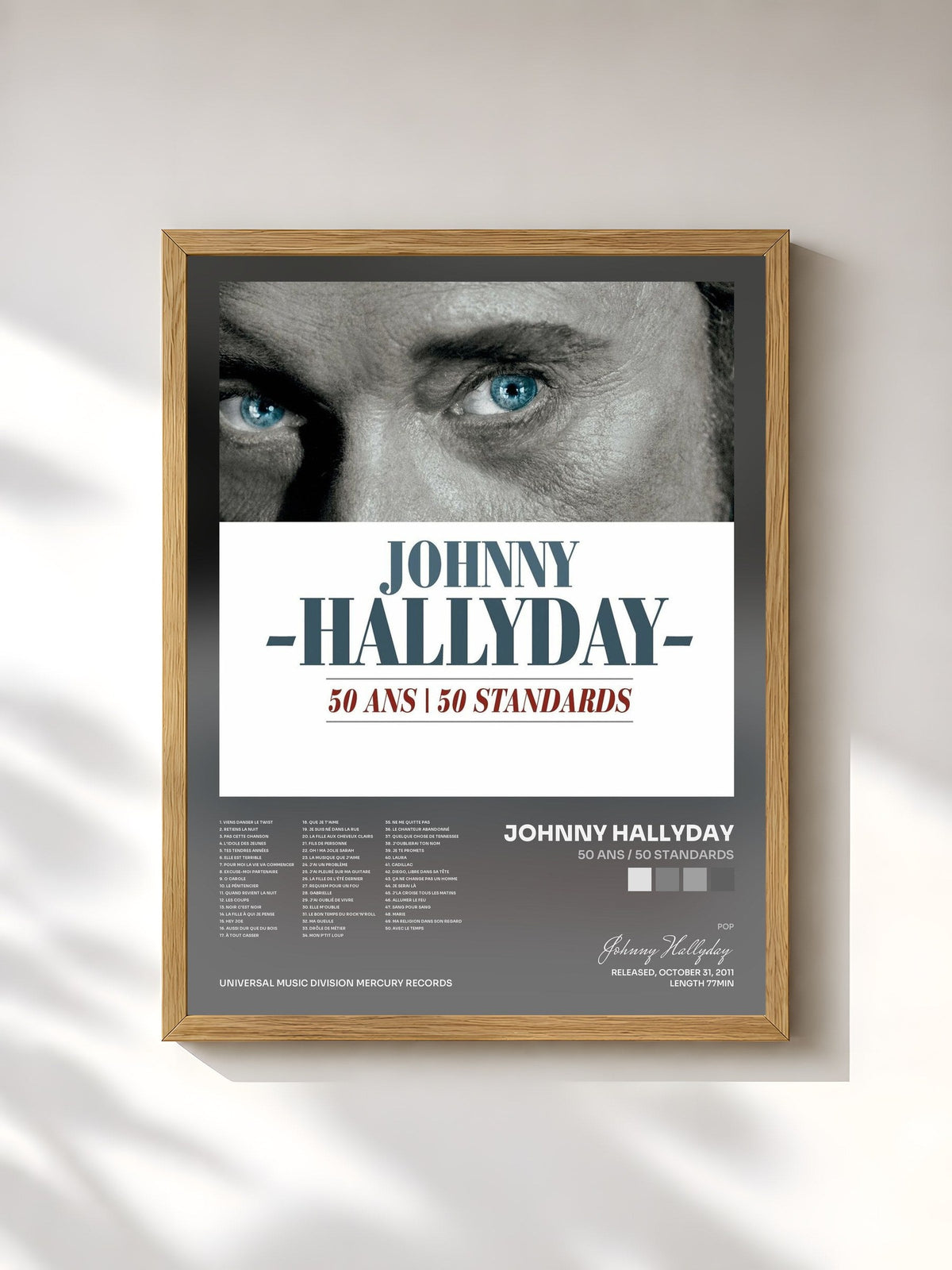 #bois Tableau de l'album 50 Ans / 50 Standards de Johnny Hallyday, cadre en bois brut, imprimé et encadré en France