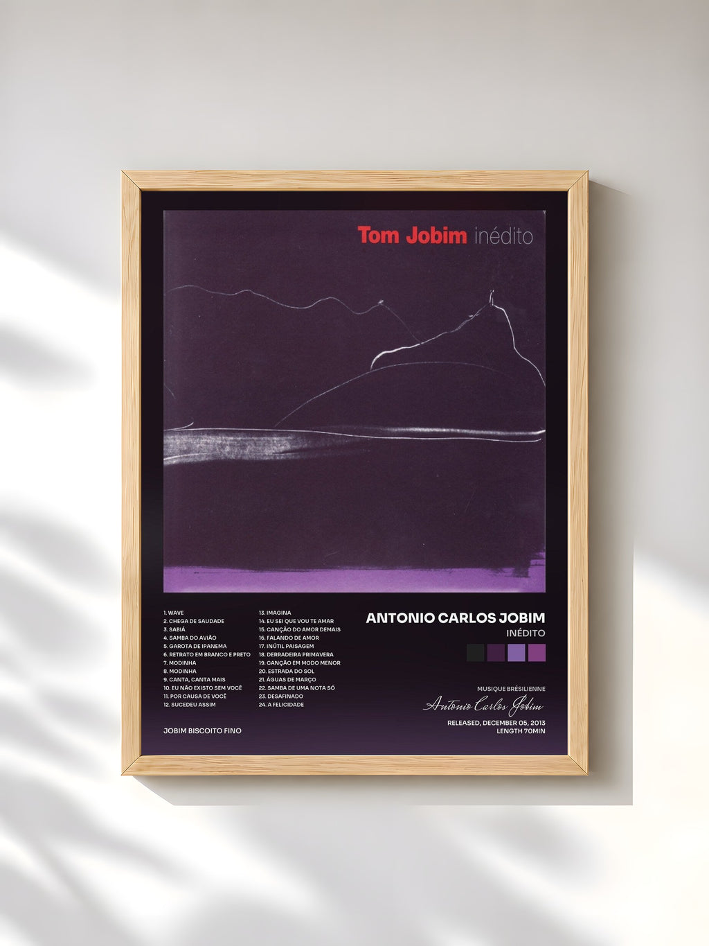 #bois Tableau de l'album Inédito de Antonio Carlos Jobim, cadre en bois brut, imprimé et encadré en France
