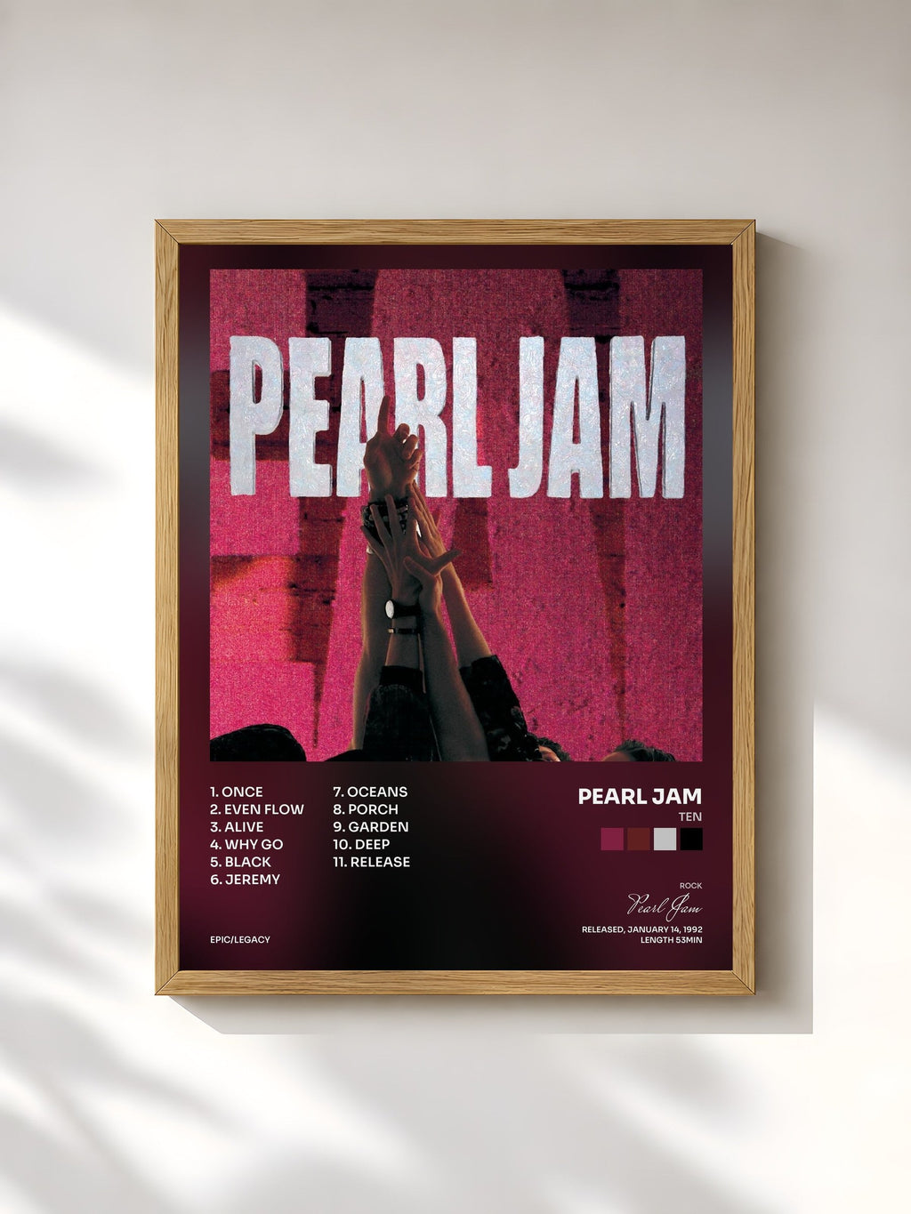#bois Tableau de l'album Ten de Pearl Jam, cadre en bois brut, imprimé et encadré en France