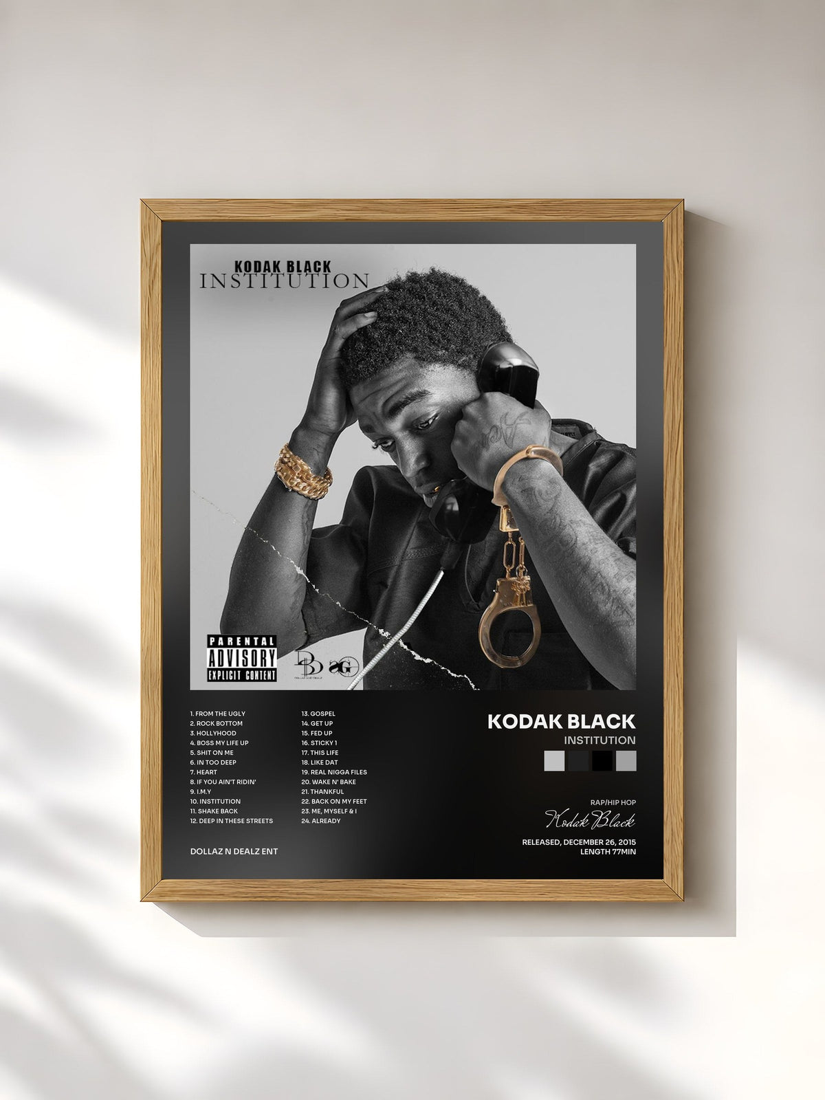 #bois Tableau de l'album Institution de Kodak Black, cadre en bois brut, imprimé et encadré en France