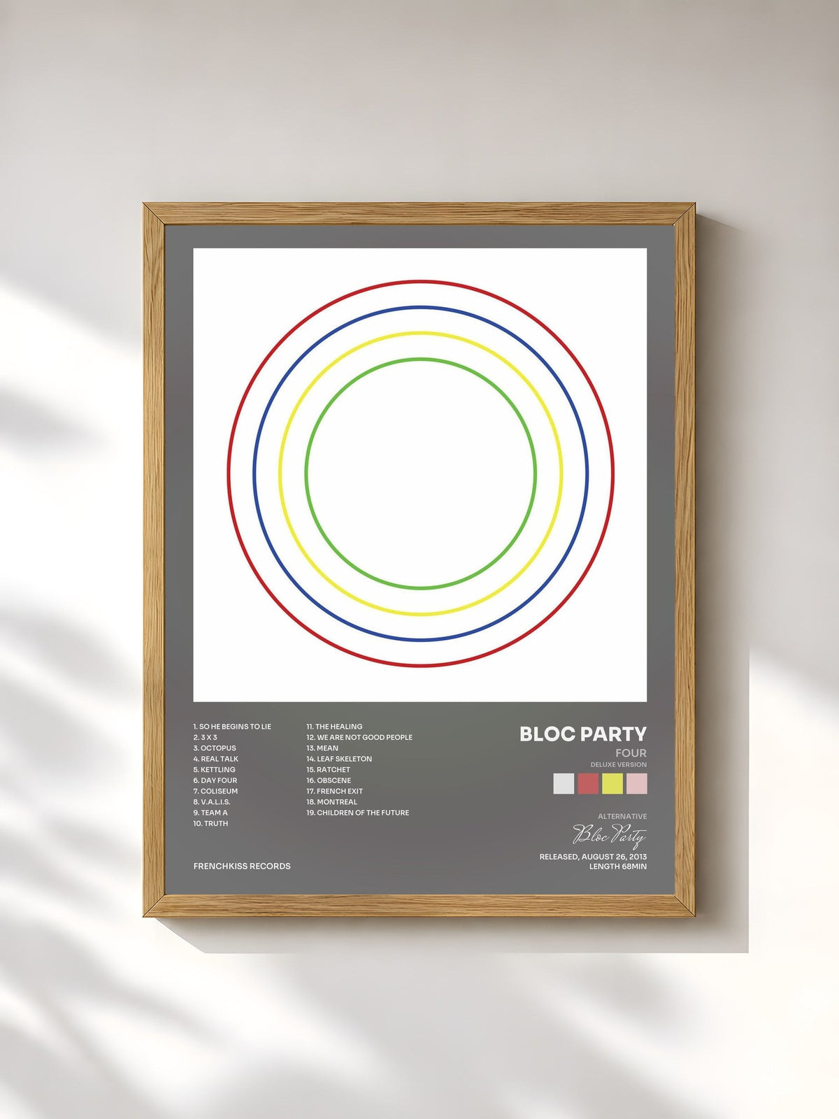 #bois Tableau de l'album FOUR (Deluxe Version) de Bloc Party, cadre en bois brut, imprimé et encadré en France