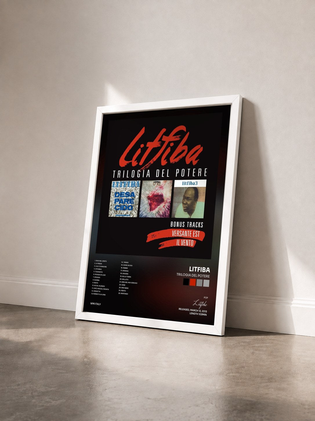 #blanc Tableau de l'album Trilogia del Potere de Litfiba vu de trois quarts, cadre blanc