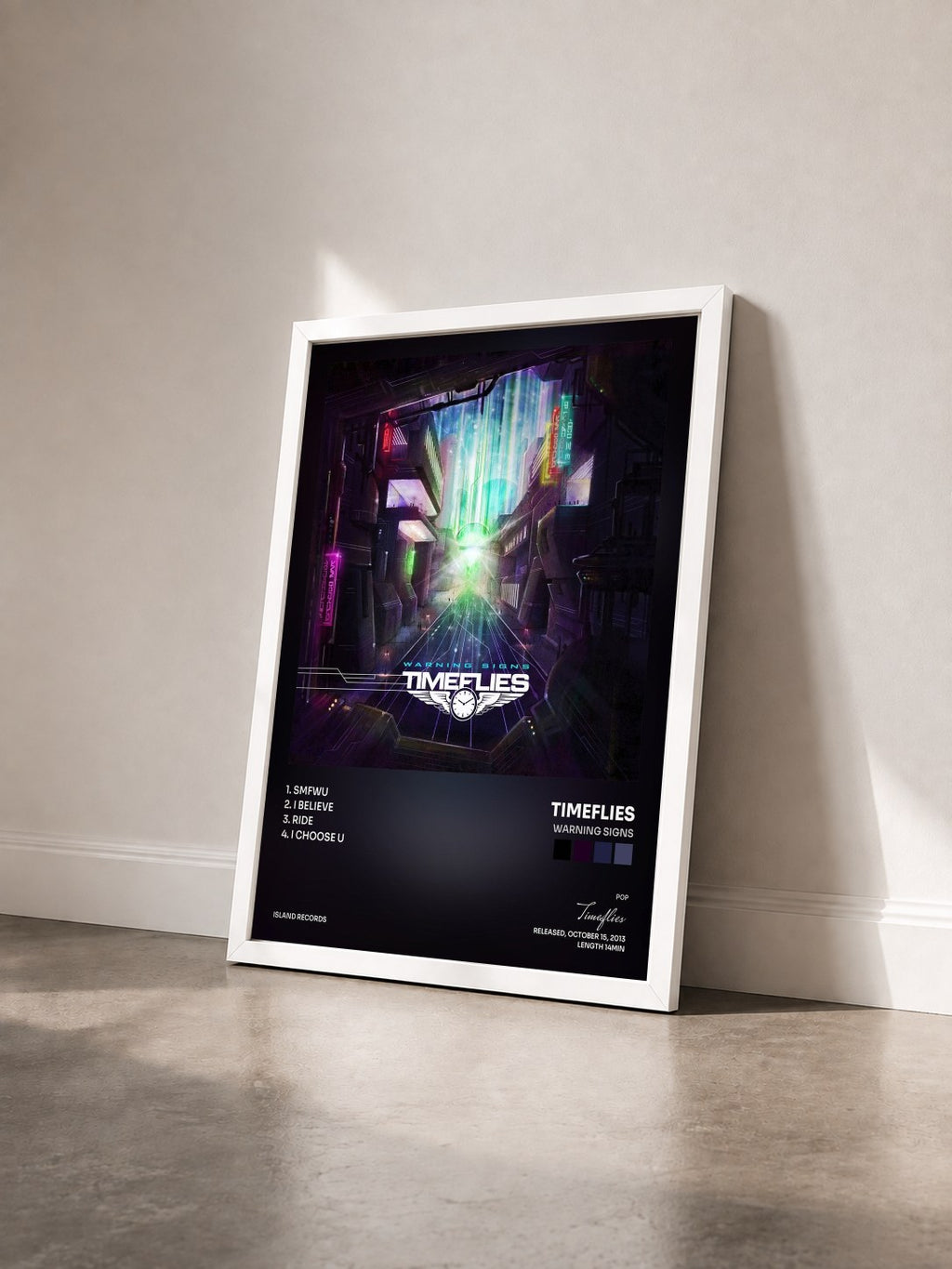 #blanc Tableau de l'album Warning Signs de Timeflies vu de trois quarts, cadre blanc