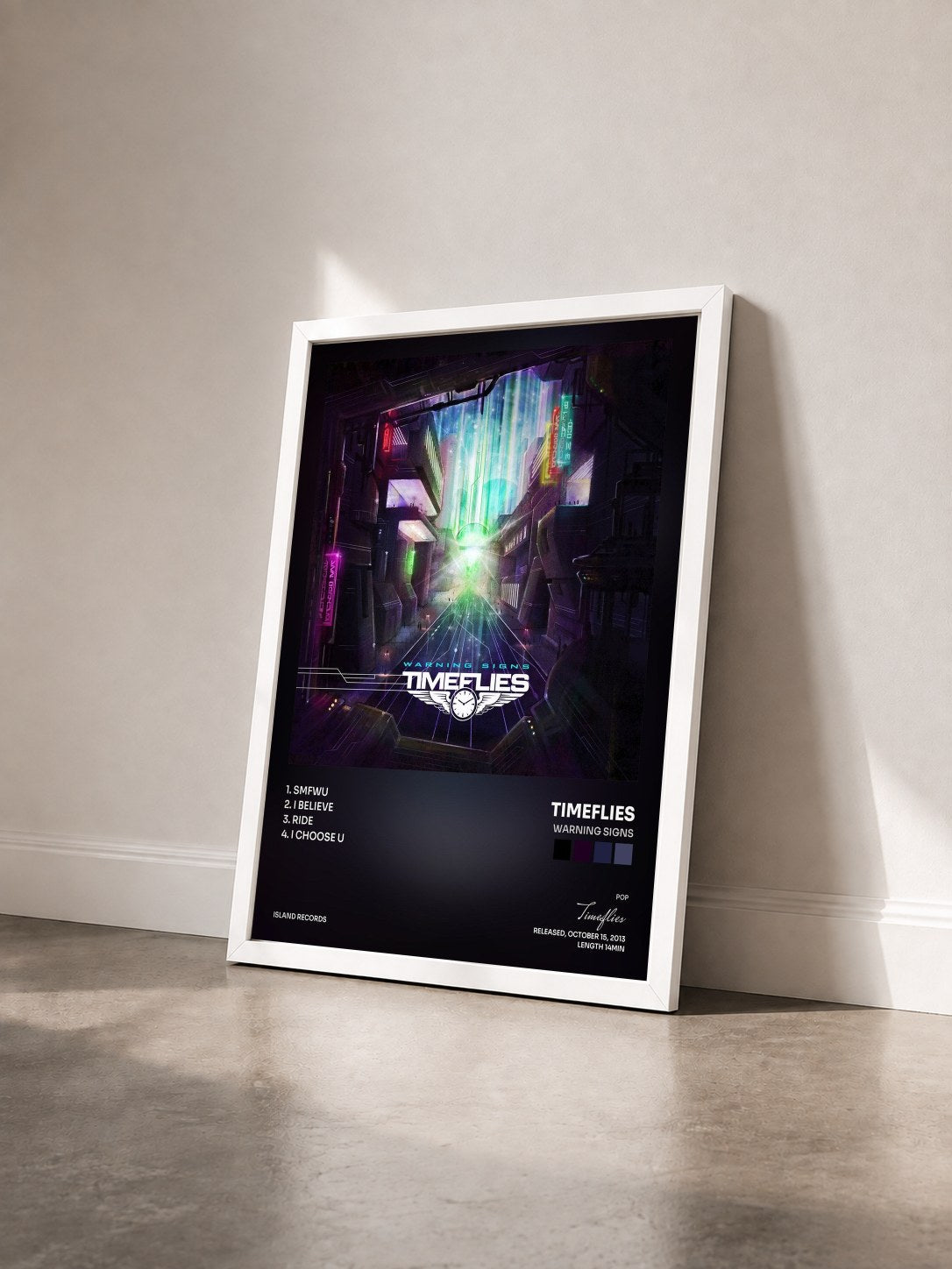 #blanc Tableau de l'album Warning Signs de Timeflies vu de trois quarts, cadre blanc