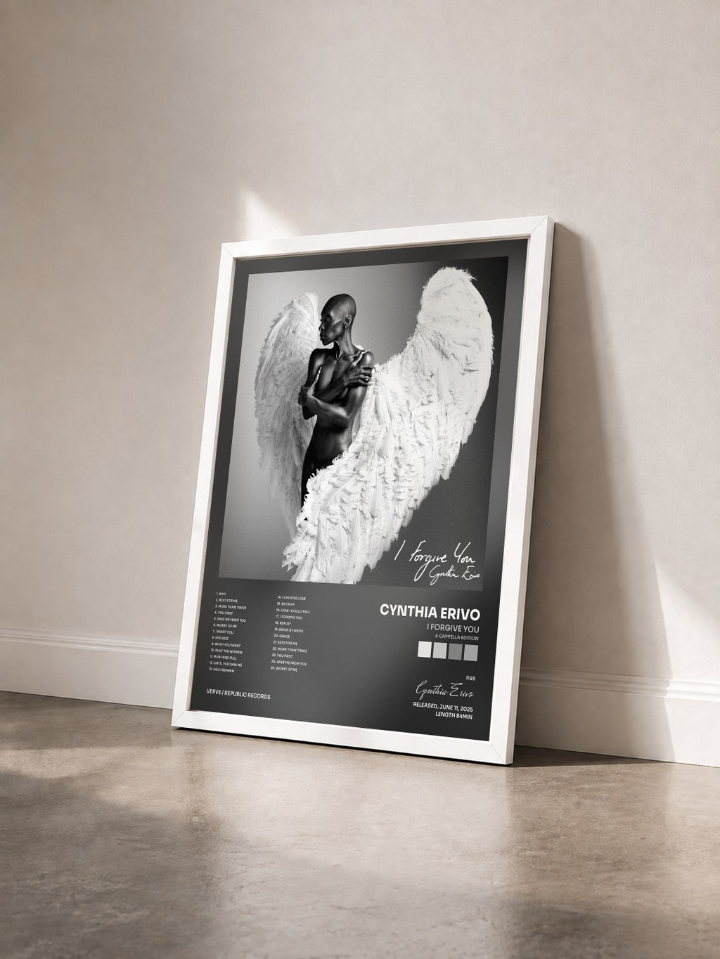 #blanc Tableau de l'album I Forgive You (A Cappella Edition) de Cynthia Erivo vu de trois quarts, cadre blanc