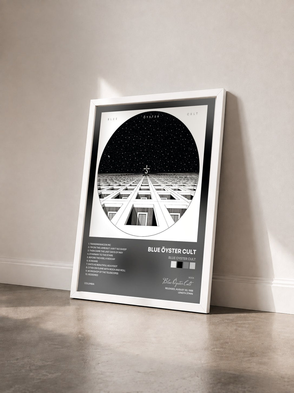 #blanc Tableau de l'album Blue Oyster Cult de Blue Öyster Cult vu de trois quarts, cadre blanc